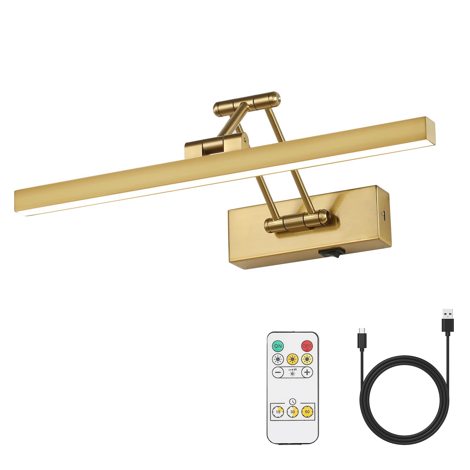 Pasoar Picture Light Battery Operated Brass 15.7' Inch Long Rechargeable Wall Lights Dimmable Led Library Light With Swing Arm And Timer Function Cordless Wall Light Indoor Gold Color