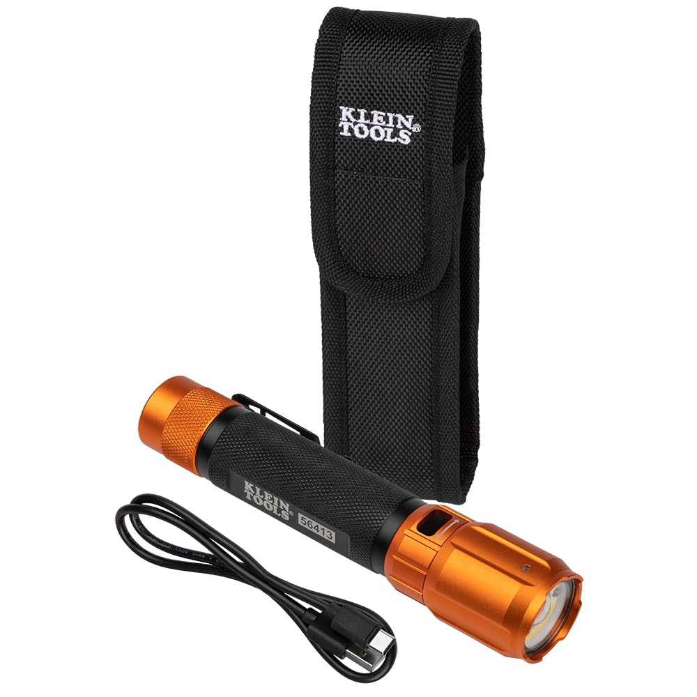 Klein Tools Rechargeable LED Flashlight 1000 Lumens, Spotlight & Floodlight, Anodized Aluminum, Model 56413, White