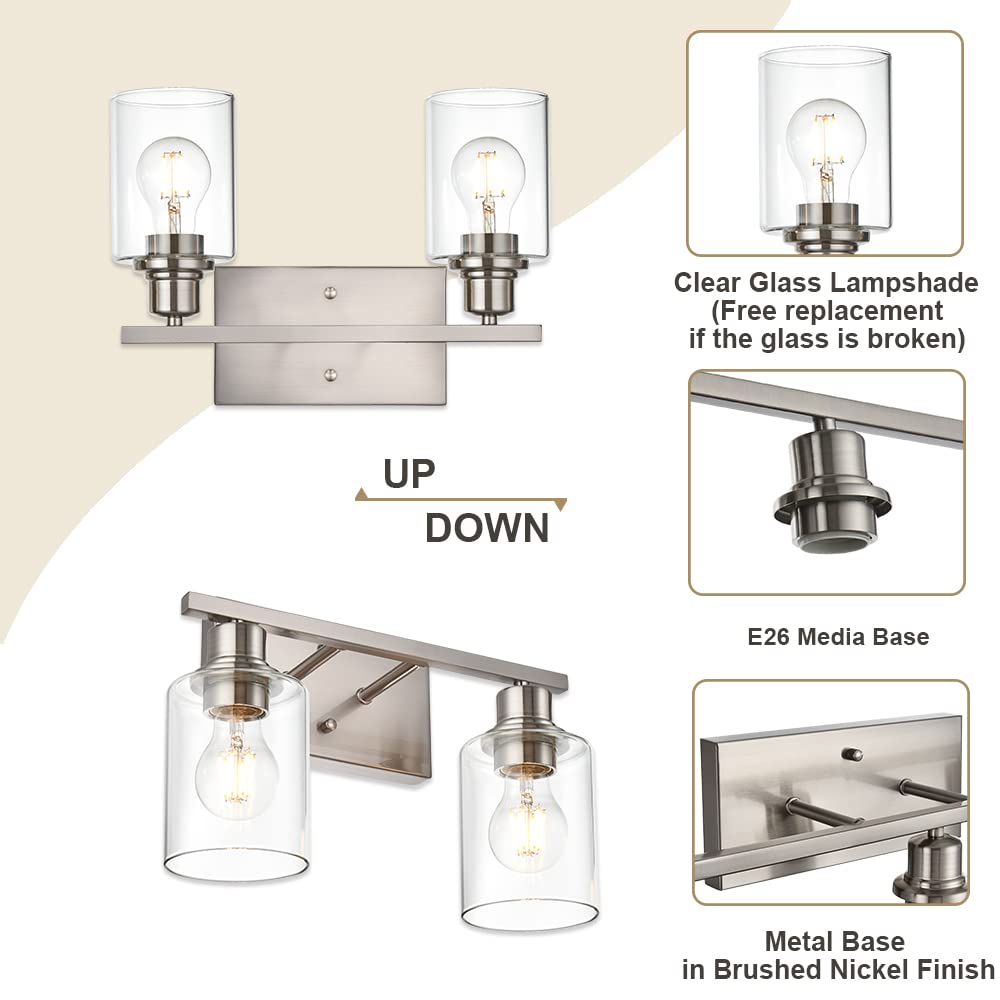 VINLUZ Modern Bathroom Vanity Light, 2-Light Wall Sconce, Brushed Nickel Finish, Metal Base, Clear Glass Shade