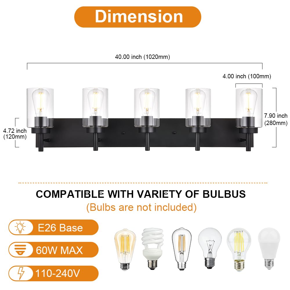 Vinluz 5 Lights Bathroom Vanity Light Fixtures Black Sconces Wall Lighting Modern Industrial Indoor Wall Mounted Lamp For Kitche