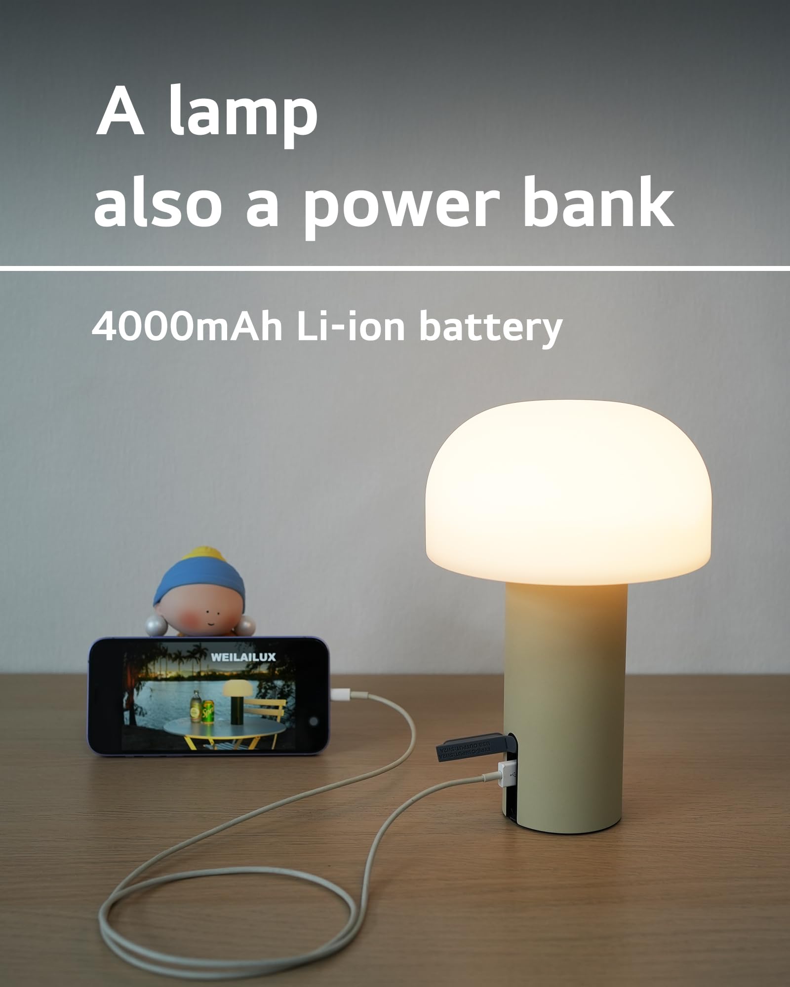 WEILAILUX Cordless Mushroom Table Lamp - Waterproof, Rechargeable, Touch Dimmable, Khaki, Model WL-3760 for Bedroom/Outdoor Use