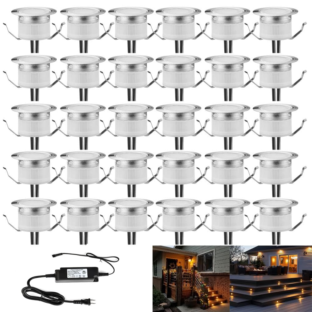 Fvtled Led Deck Lights Set  30Pcs F1.22 Low Voltage Waterproof Recessed Deck Lamp Warm White Led In-Ground Lighting Outdoor Garden Yard Pathway Patio Step Stairs Decor