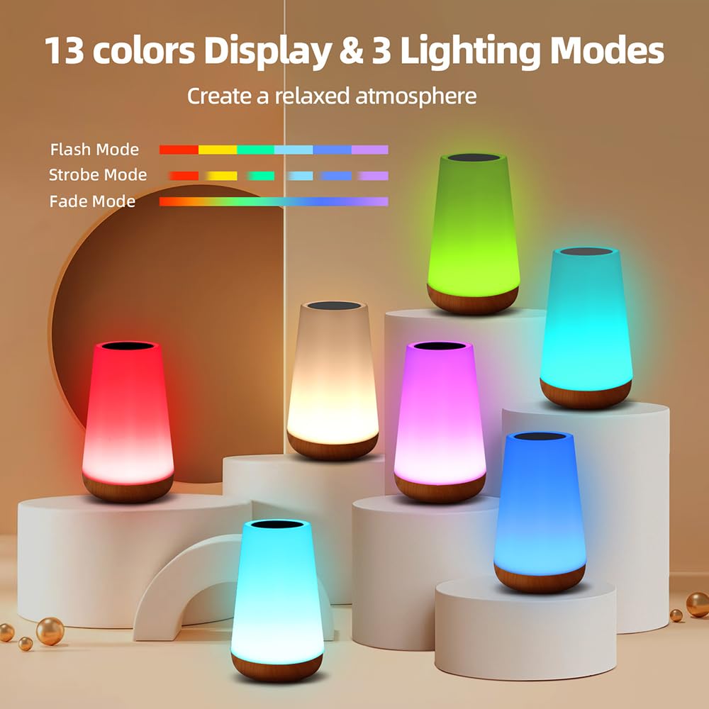 Luxxflour Night Light Lamp, Dimmable Touch Lamp For Bedroom, Portable Table Bedside Lamp, 5 Brightness & 13 Rgb Colors, Night Li