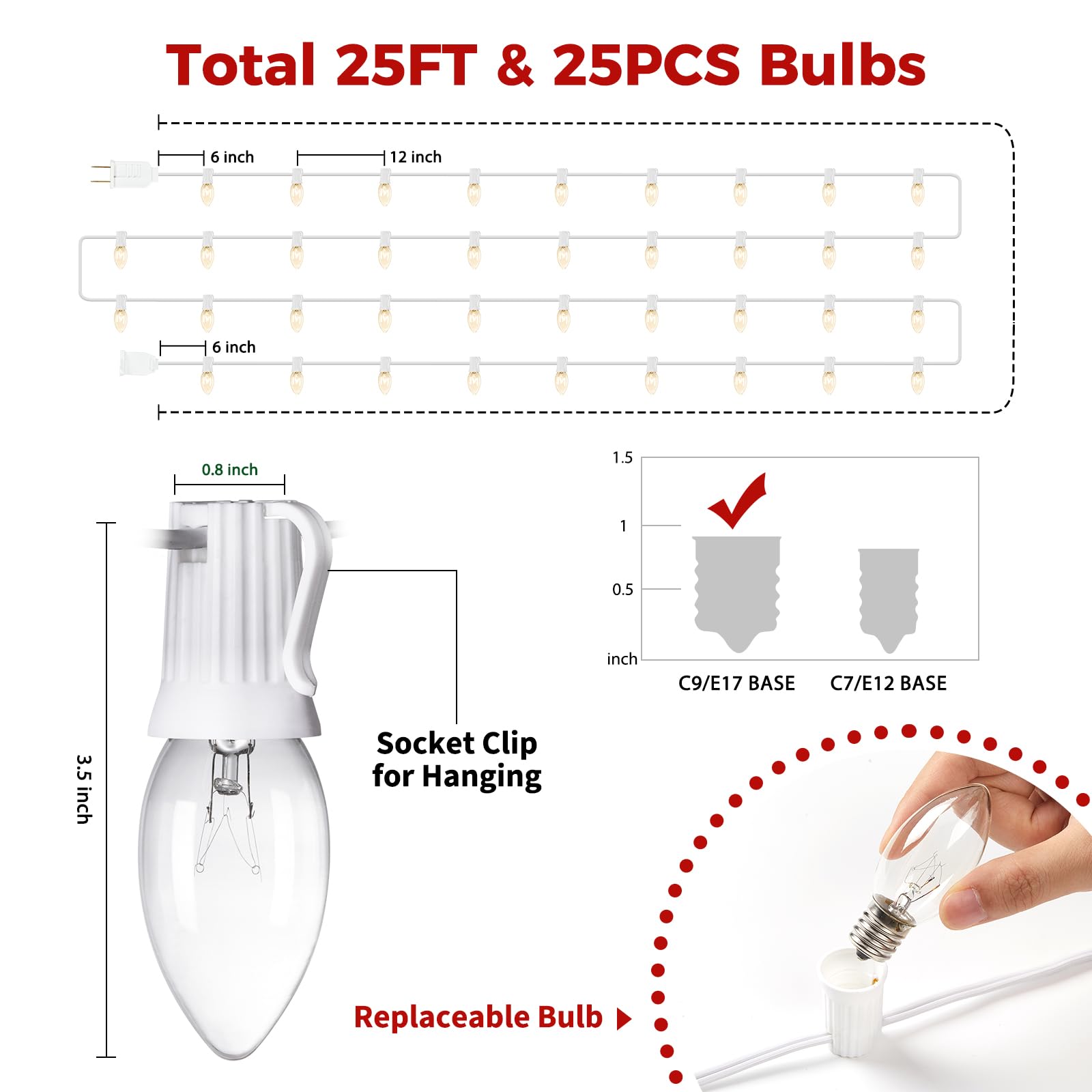 Brightown C9 Bulb String Lights for Outdoor, 25FT Warm White Clear Glass, Model GYPI-O257AU, Clear White Wire