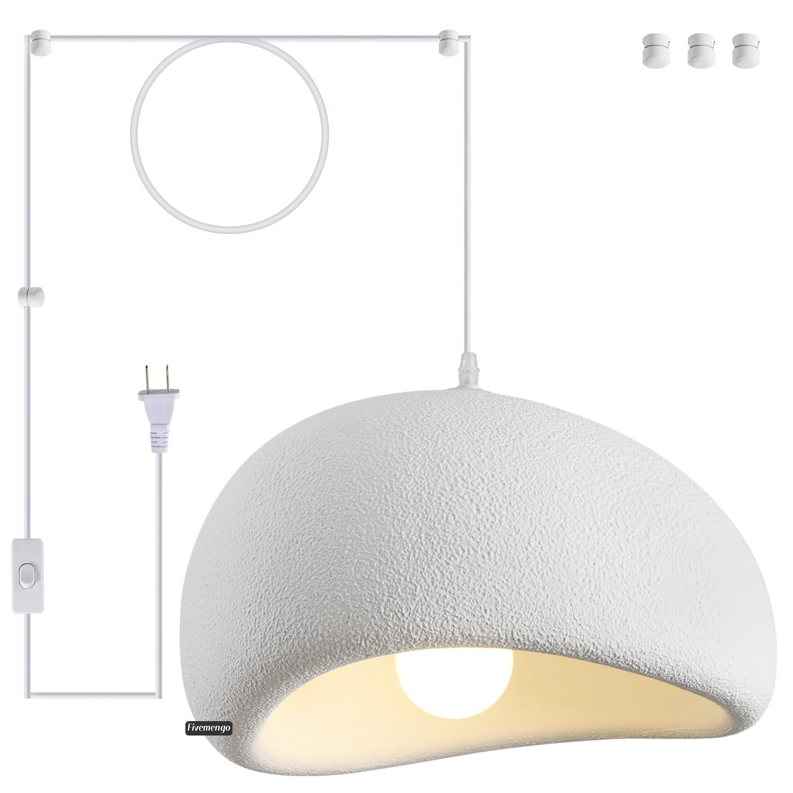 Fivemengo 19.7in Plug in Wabi Sabi Pendant Light with 19.7ft Cord, White Hanging Lamp Japanese Chandelier Lighting Fixture for K