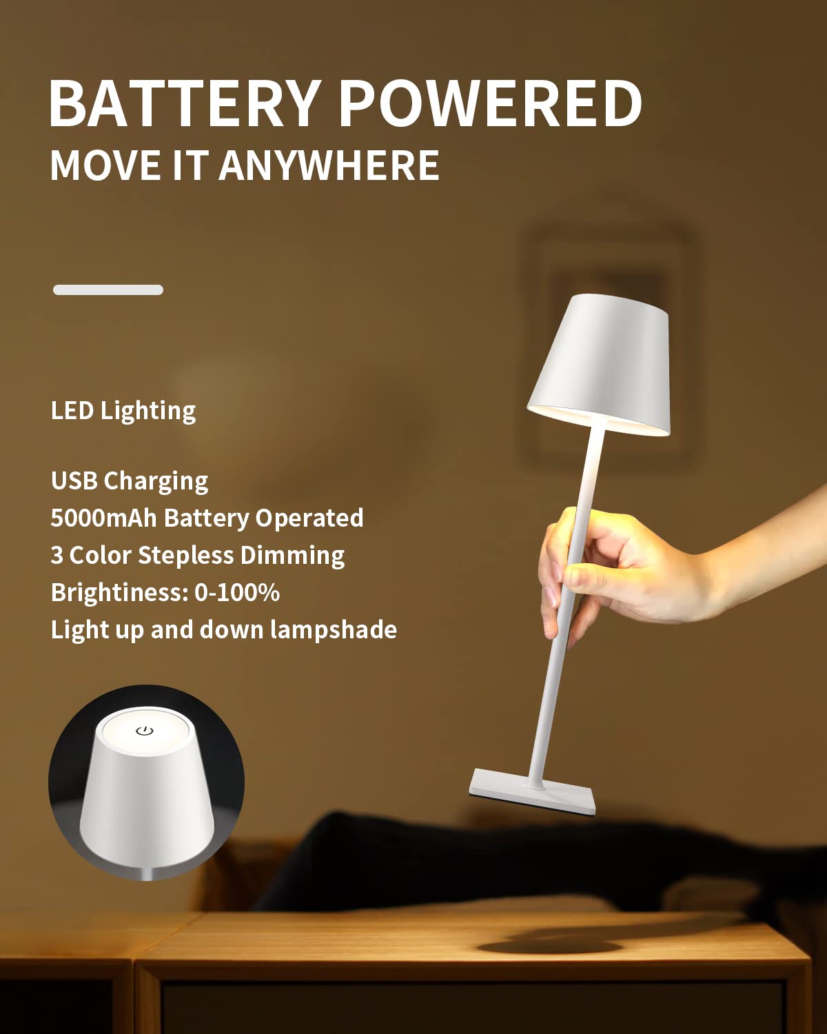 KDG Cordless Table Lamp - Portable LED, 5000mAh Battery, 14.2 inch, White, Model AMZ-TBL-003-2-WA, 3 Color Ste