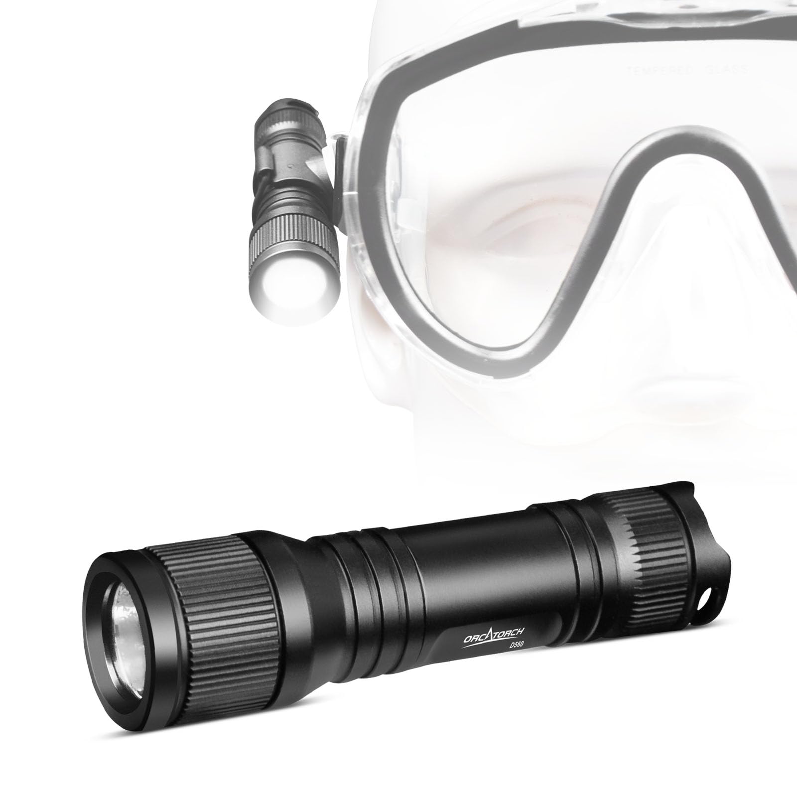 Orcatorch D560 Mini Scuba Dive Light Headlamp 650 Lumen Mask Diving Flashlight With 360° Rotatable Mask Clip, Underwater 150M Backup Headlight With Rotary Switch (Not Included Snorkel Mask) (Black)