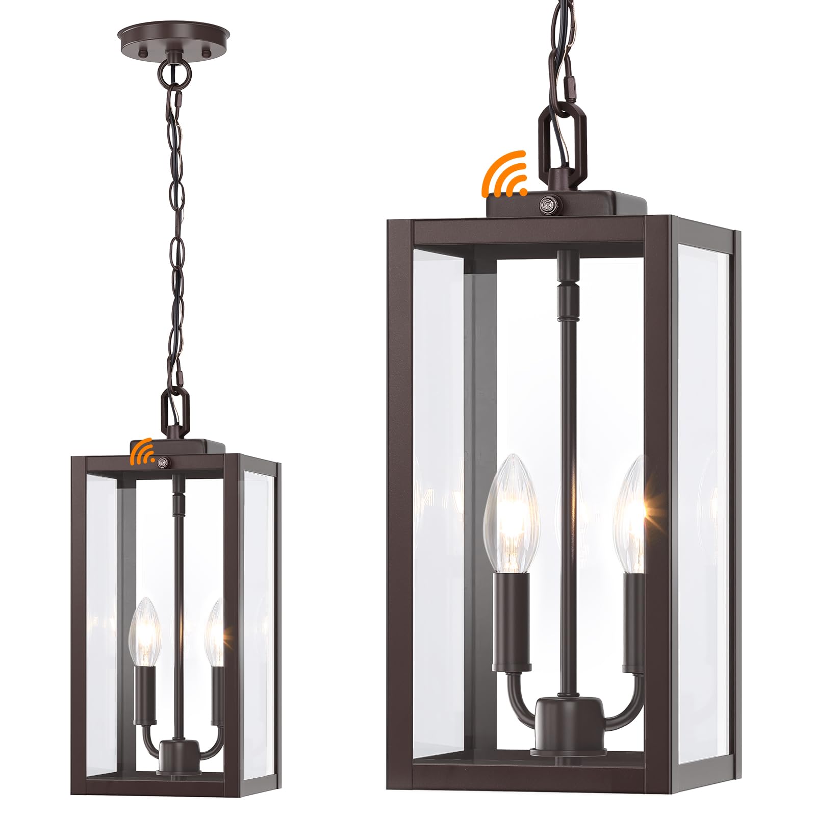 15.3'' Large Outdoor Pendant Light 2-Light, Dusk to Dawn Modern Brown Metal Outside Chandelier Exterior Hanging Fixture Ceiling 