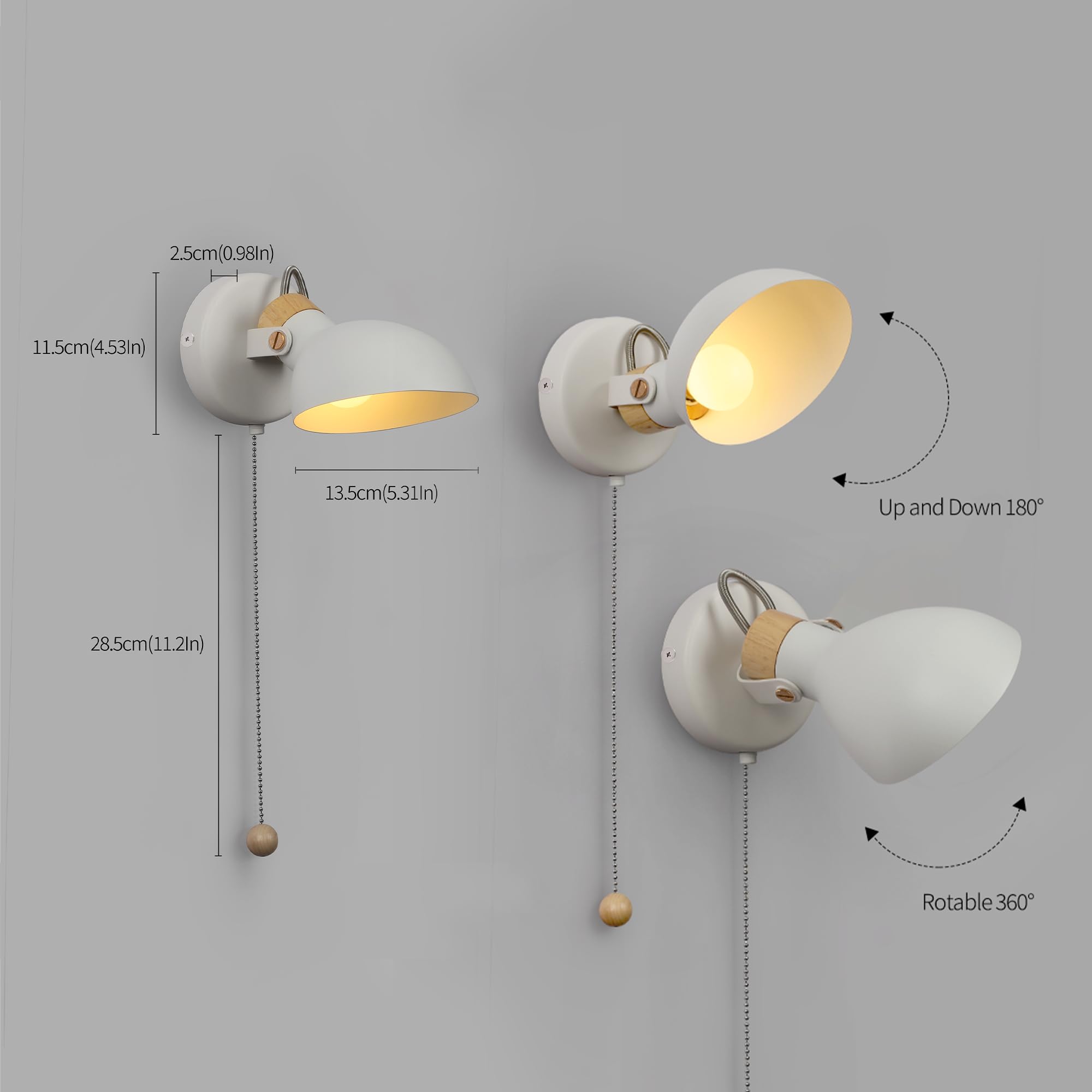 Aisilan Wall Sconce Set of 2, Rotatable E12 Bulb, White Metal, 5W 3000K, Bedroom & Living Room Lighting, Model BD205