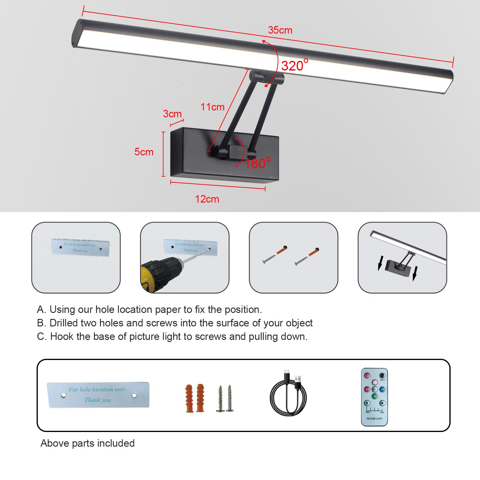 Howmzon Picture Light, 13.5&quot; Art Light, Black Picture Light Battery Operated,3Cct,Wireless Picture Lights With Remote, Light Over Picture Frame For Wall Painting(Black)