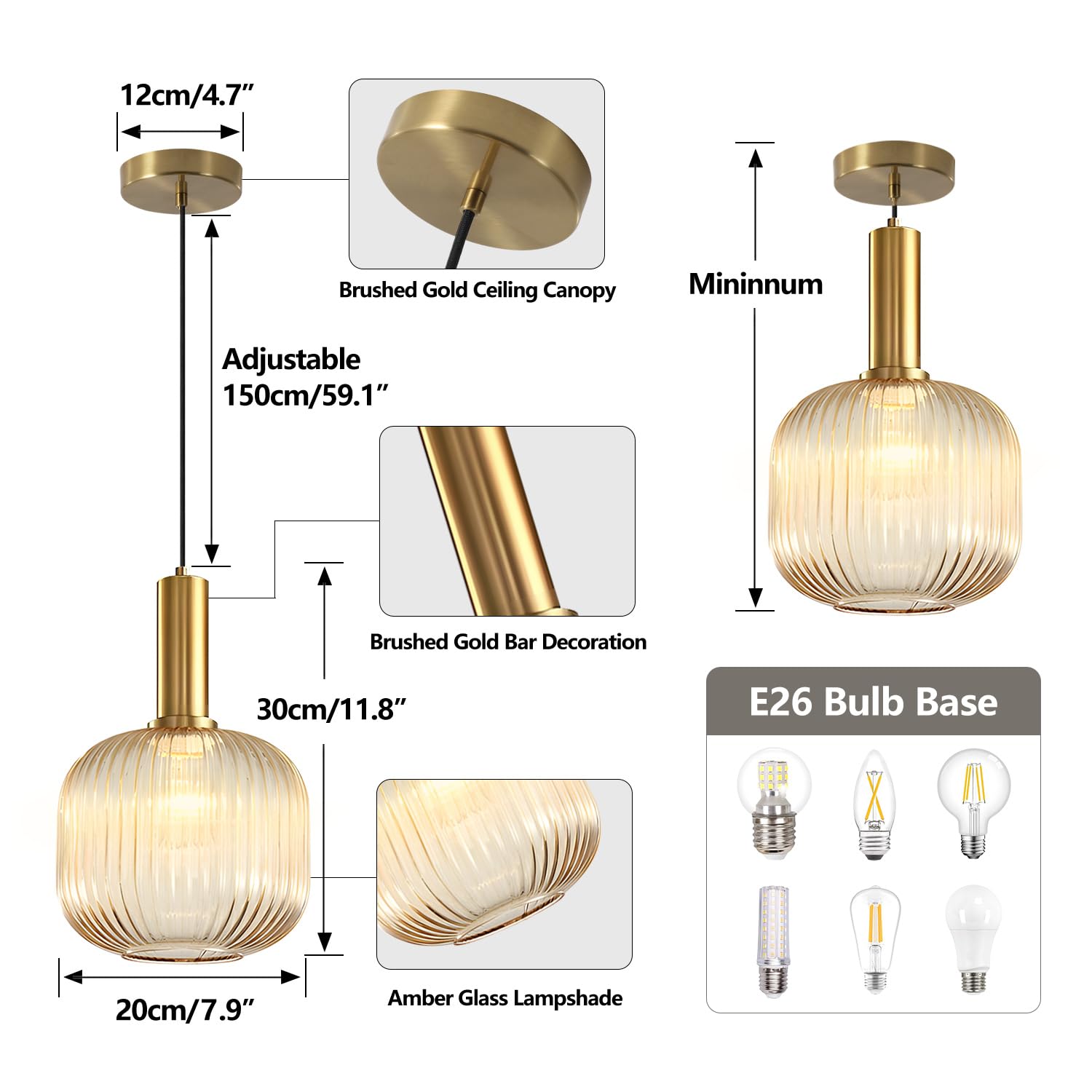 KCO Amber Glass Globe Pendant Light Mid Century Modern Metal Fixture 20cm L1162-A
