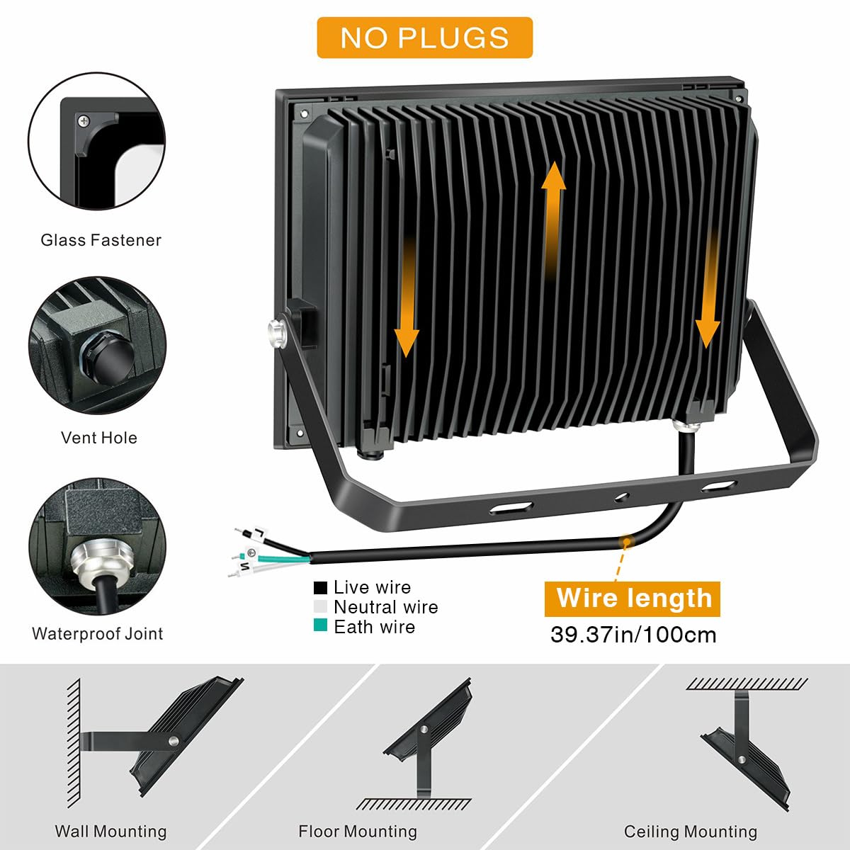 SOLLA 100W LED Flood Light - 8000lm, 6000K Daylight White, Aluminum, 2 Pack, Outdoor/Indoor Security Lighting