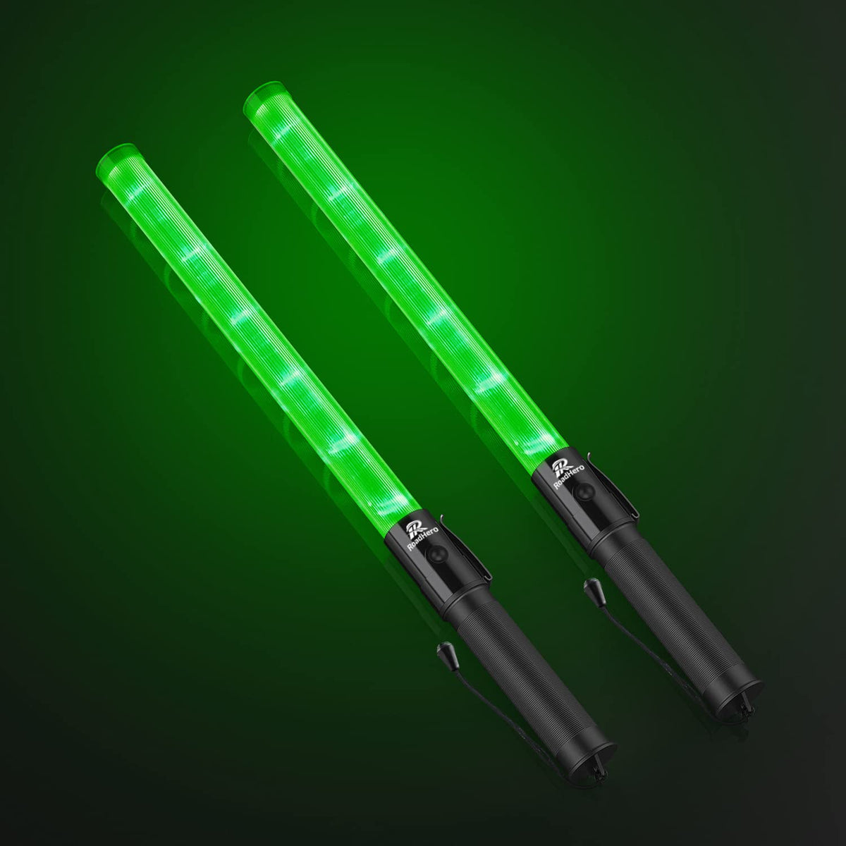 Roadhero 2 Pack 21Inch Traffic Wands, Green Led Traffic Control Baton, Night Safety Light Wand With 2 Flashing Modes, Air Marshaling Signal Wand With Side Clip For Airport, Parking, Car Directing