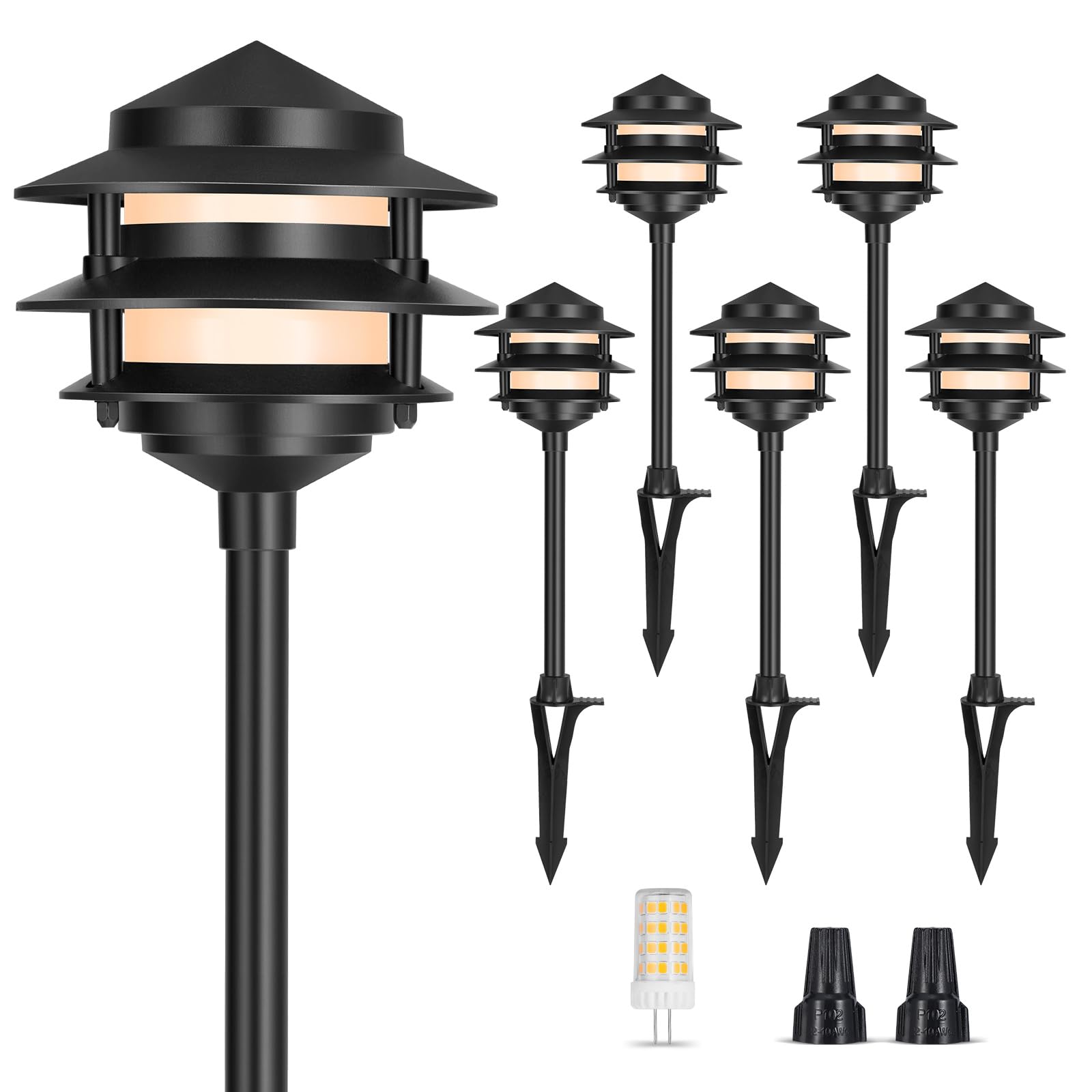 Gardencoin Pagoda Low Voltage Landscape Pathway Lights  12V Outdoor Led Path Lights Wired  Aluminum Walkway Lighting With 4W 2700K Replaceable G4 Bulb  Classic 3-Tier Lantern  6 Pack
