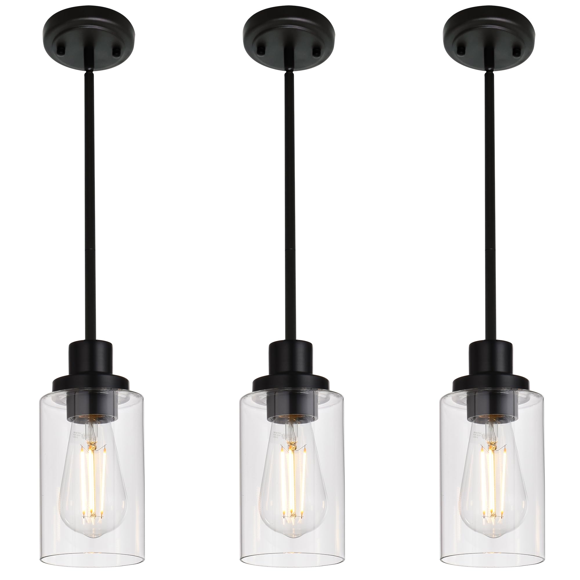 MELUCEE Kitchen Island Pendant Lighting 3 Pack Adjustable Black Hanging Ceiling Lamp with Clear Glass Shade for Bar Dining Room 