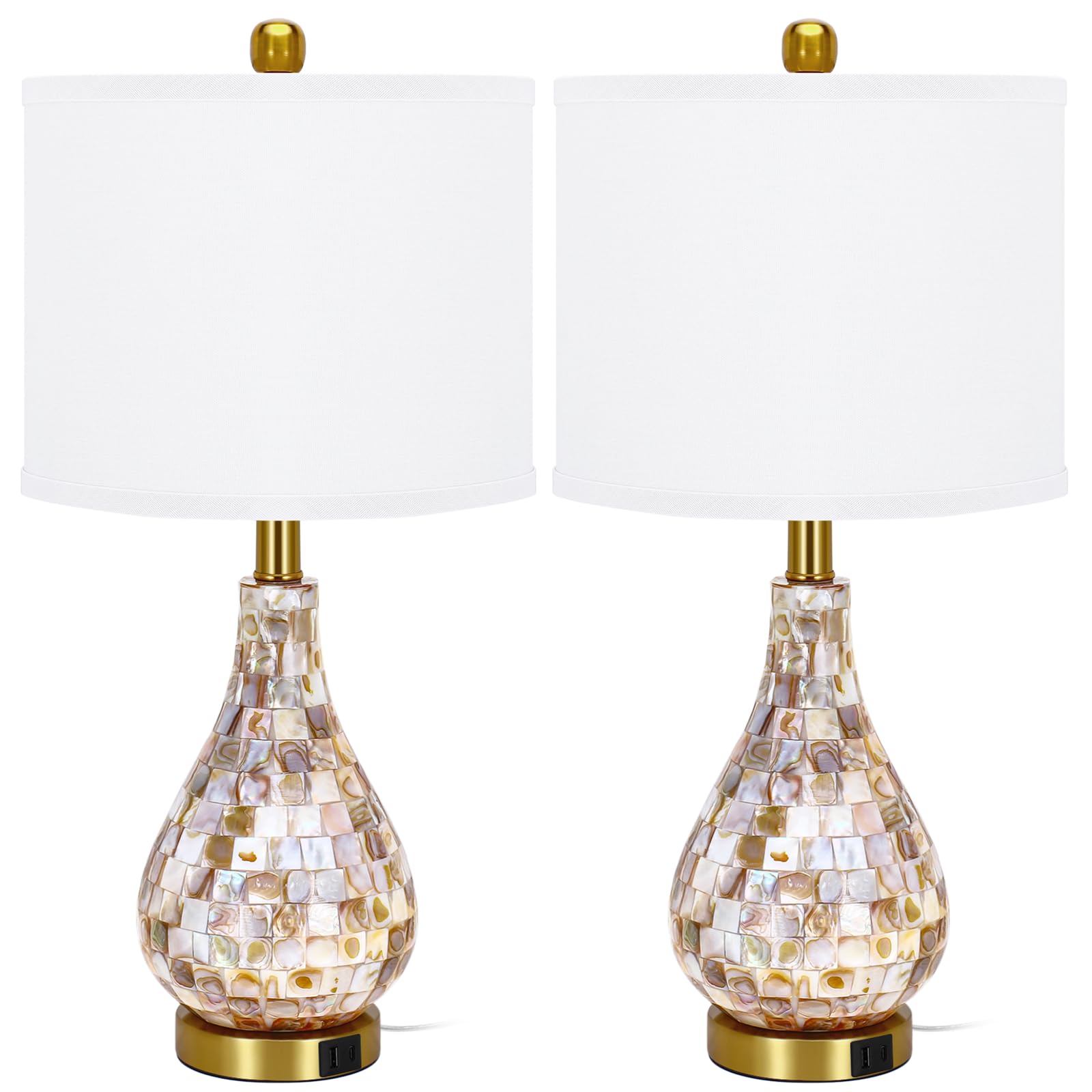 TPAMSWO Modern Coastal Table Lamps Set of 2  Natural Mother of Pearl Tiles 23.5 Bedside Lamp  for Bedroom Living Room Home Nightstand Table Lamp(with USB C+A 5V 2.1A Charging Ports)