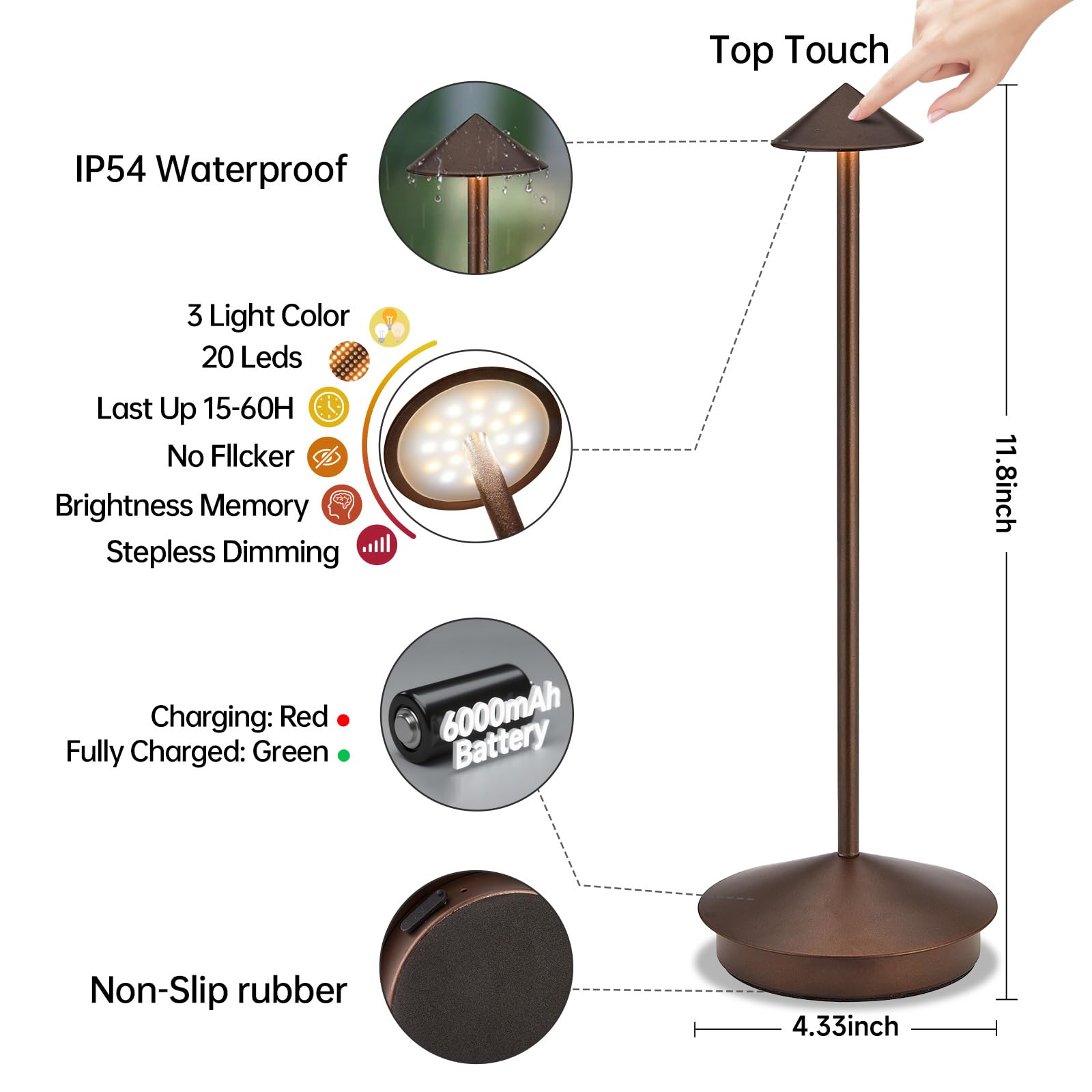 XMINKDZA Portable LED Table Lamp 2 Pack, Rechargeable 6000mAh, Dimmable, IP54 Waterproof, Brown, Model XDJDSJBBM