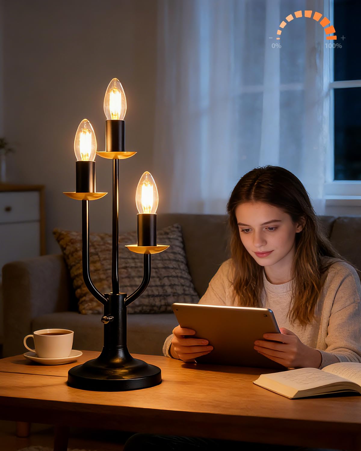 Lightdot Vintage Candle Table Lamp 3 - Light Candelabra Desk Lamp for Wedding/Party  3000K Warm White Mid Century Nightstand Lamp Dimmable Bedside Lamps for Bedroom/Dining - Black