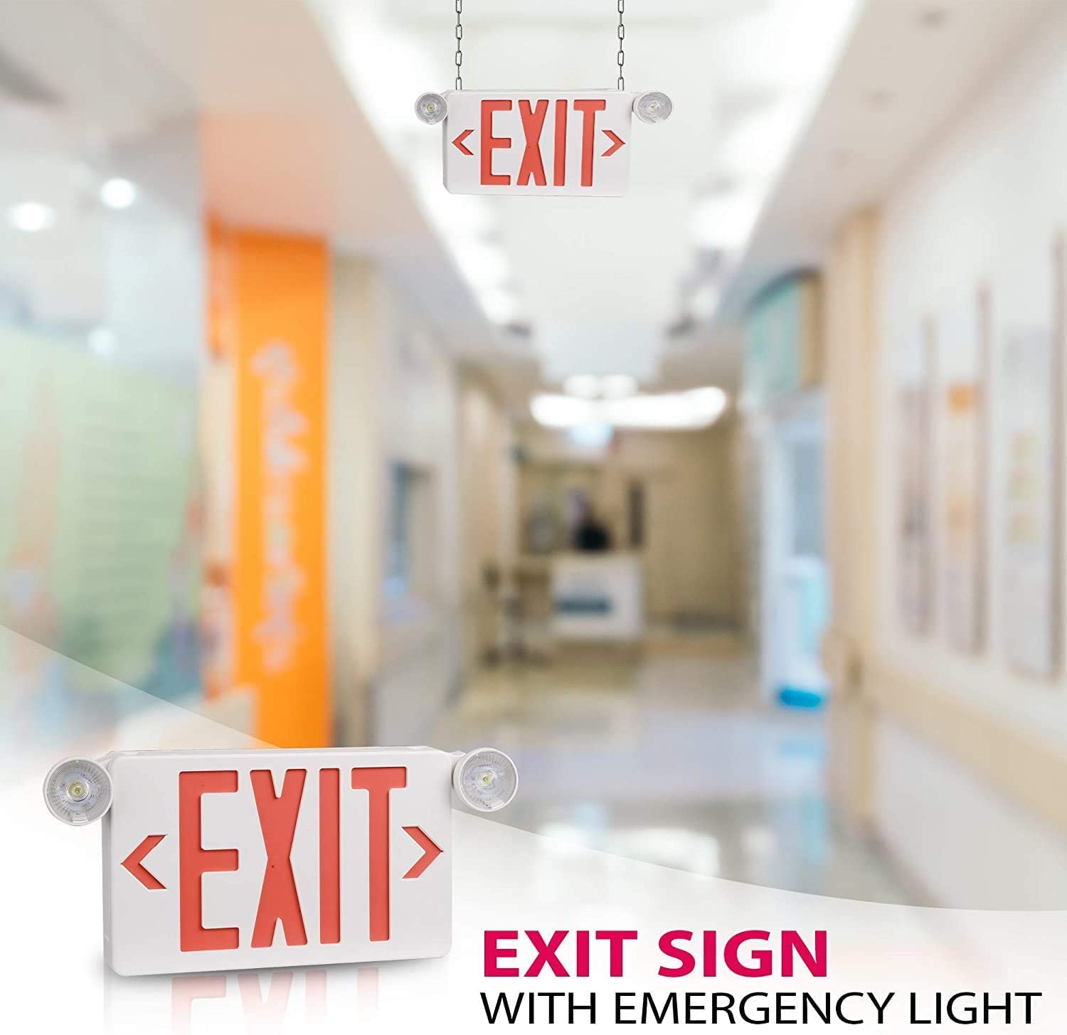 OSTEK 2 Pack Red LED Exit Sign with Emergency Lights, Adjustable Heads, Battery Backup, UL-Listed, ABS Material