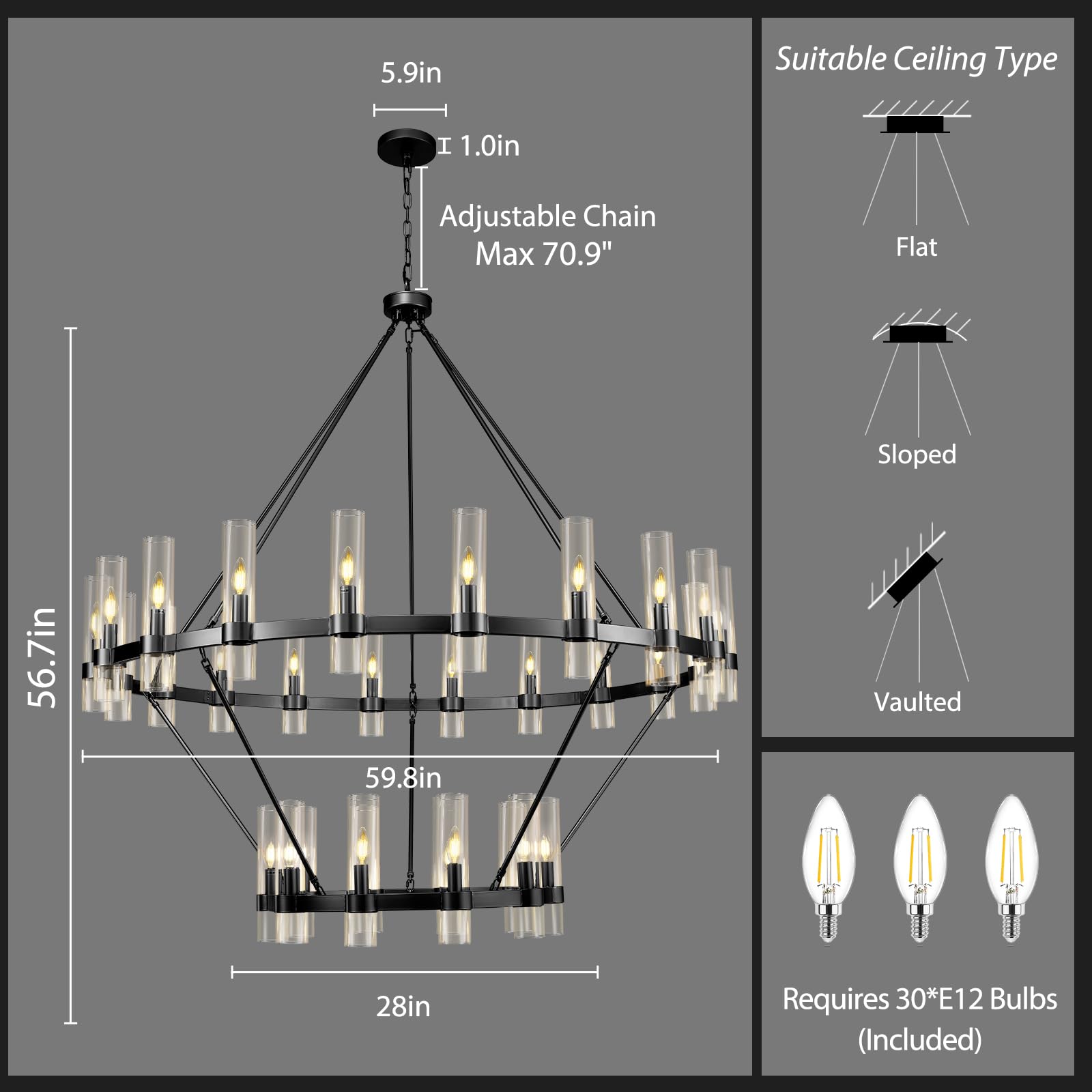 Varttyal 60 Inch Black Wagon Wheel Chandelier, 2 Tier Industrial Chandelier With Glass Shade, 30-Light Large Round Chandelier, F