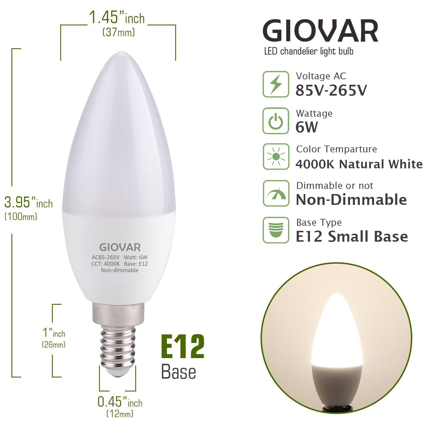 Giovar Led Candelabra Light Bulb 60 Watt Equivalent, 4000K Natural White, Light Bulbs For Chandelier, E12 Small Base, 120V, B10,