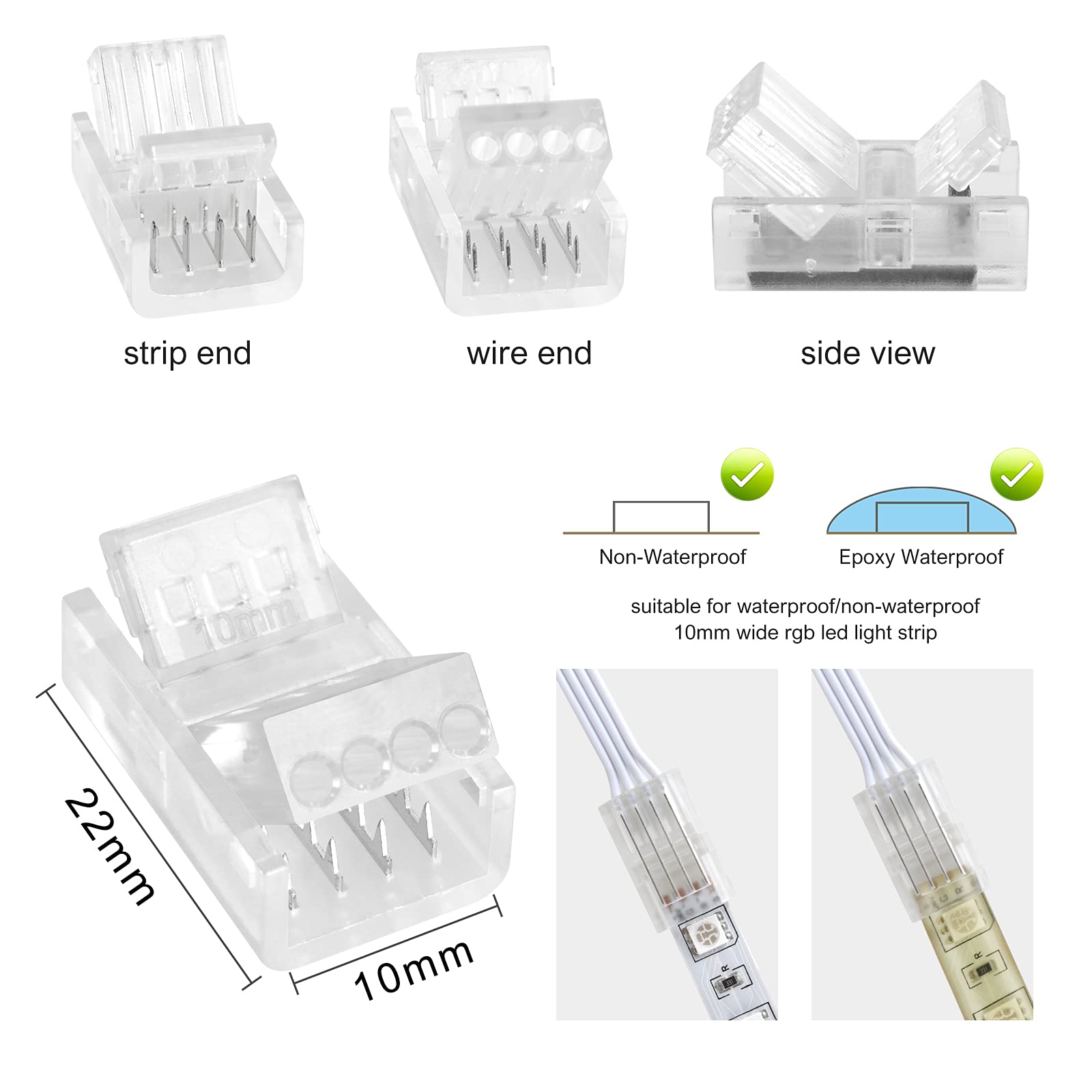 Rgbzone 10 Packs 4-Pin Rgb Led Light Strip Connectors 10Mm Wide Unwired Gapless Solderless Strip To Wire Quick Connectors Adapter For Waterproof Or Non-Waterproof Smd 5050 Multicolor Led Light Strip