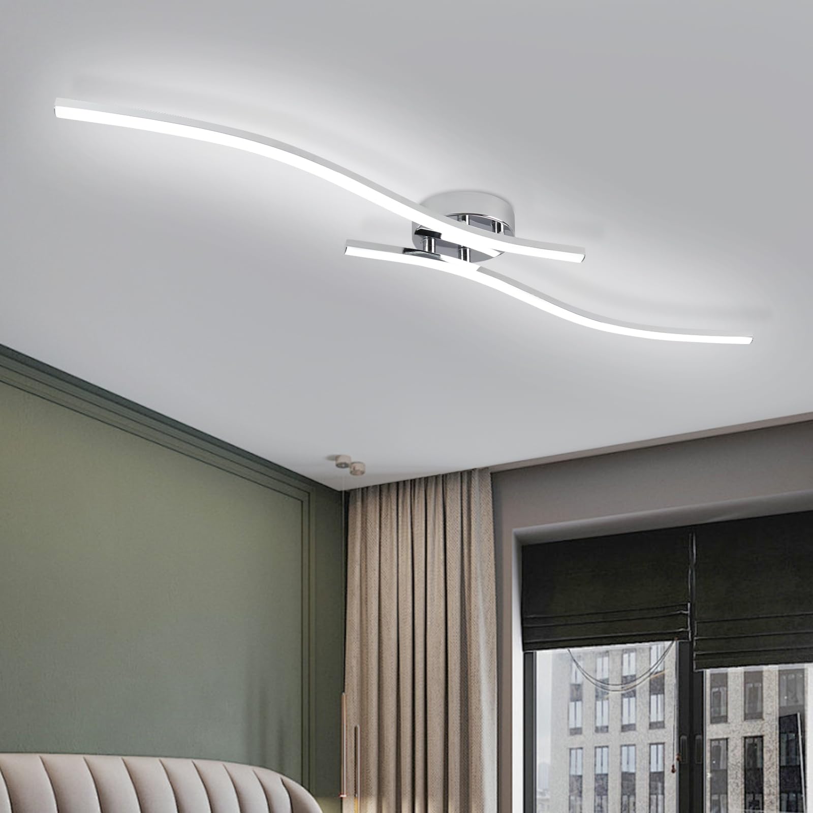 HLILCEH 28W Chrome Linear Ceiling Light Modern LED Ceiling Light Fixture 6000K Aluminum 39.37Inch Long Ceiling Lamp for Hallway,