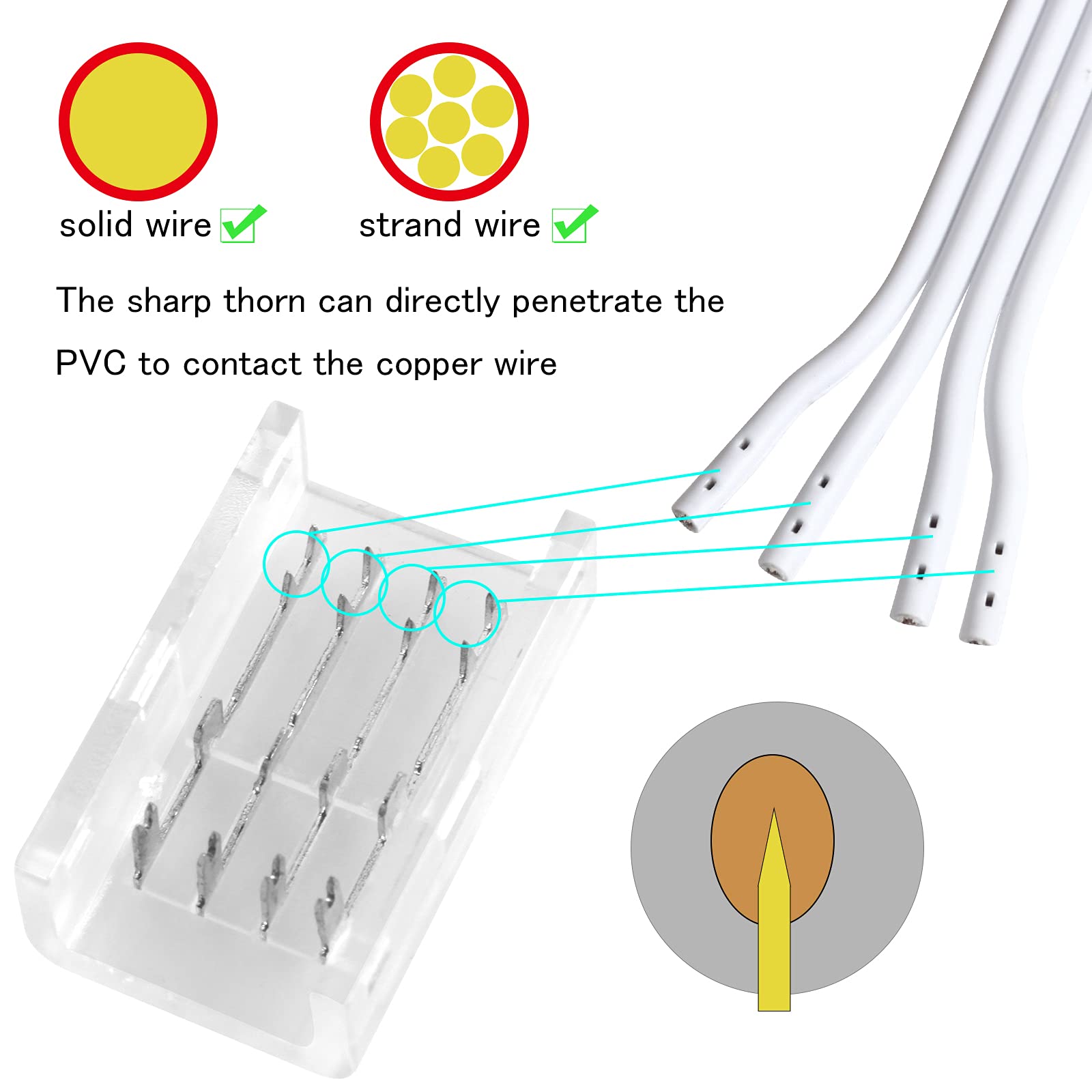 RGBZONE 10 Packs 4-Pin RGB LED Light Strip Connectors, 10mm Wide, Copper, Multicolor, Solderless Quick Connectors for SMD 5050