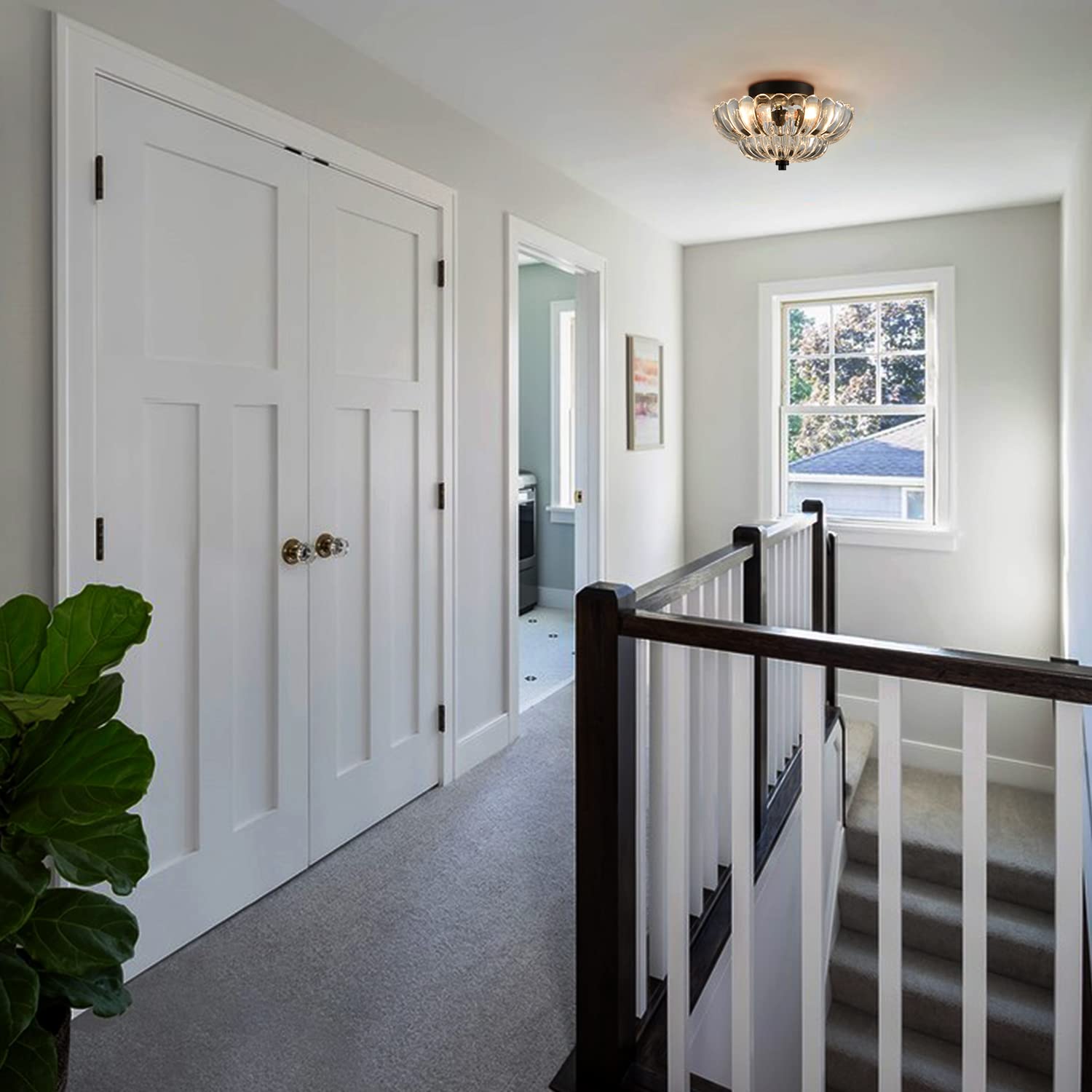 Hydelite Modern Black Semi Flush Mount Ceiling Light With Scalloped Glass For Living Room