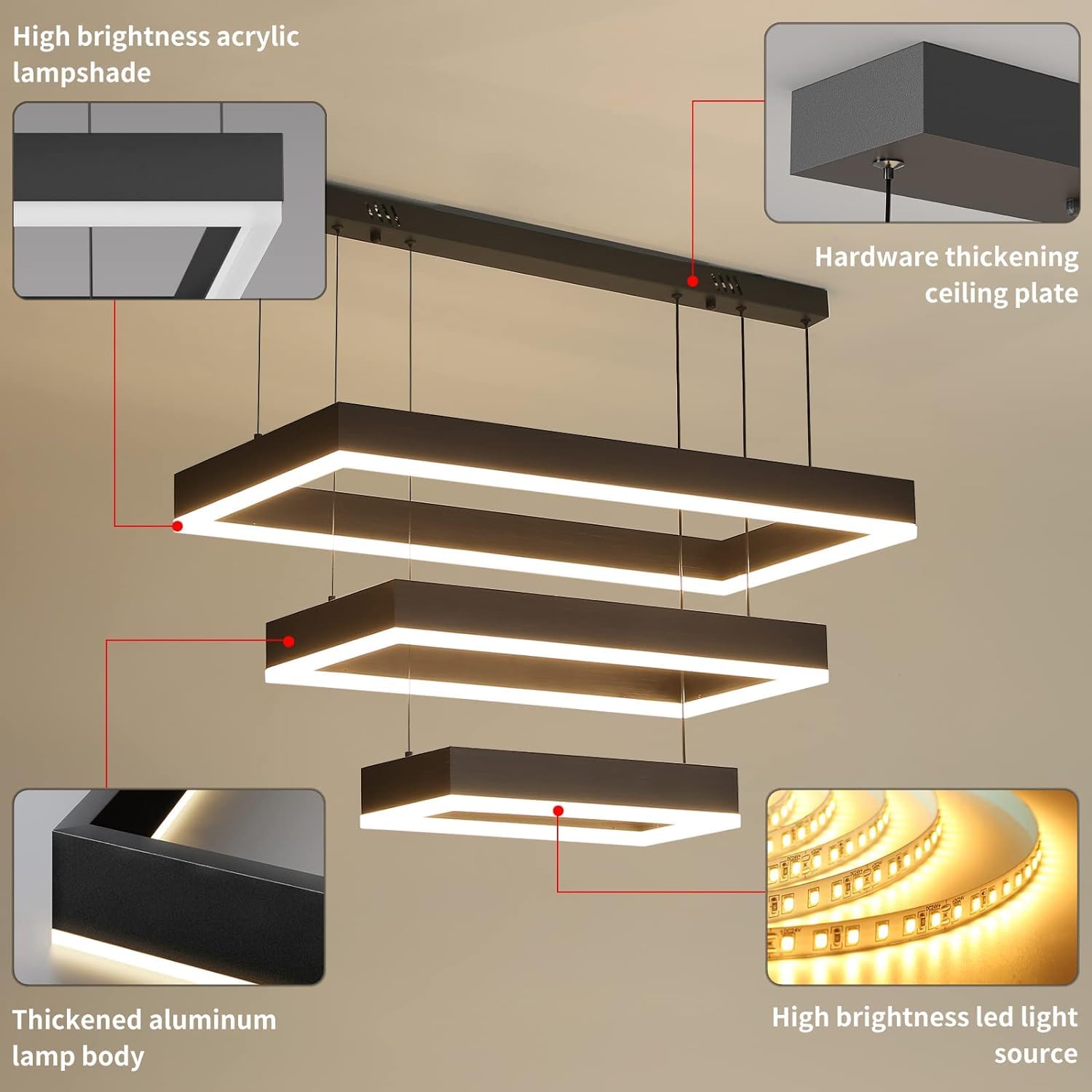 Matven Modern 3-Ring LED Pendant Light Fixture, Adjustable Height, Black, 15.7+23.6+31.4in, Remote Control Dimming for Living Room