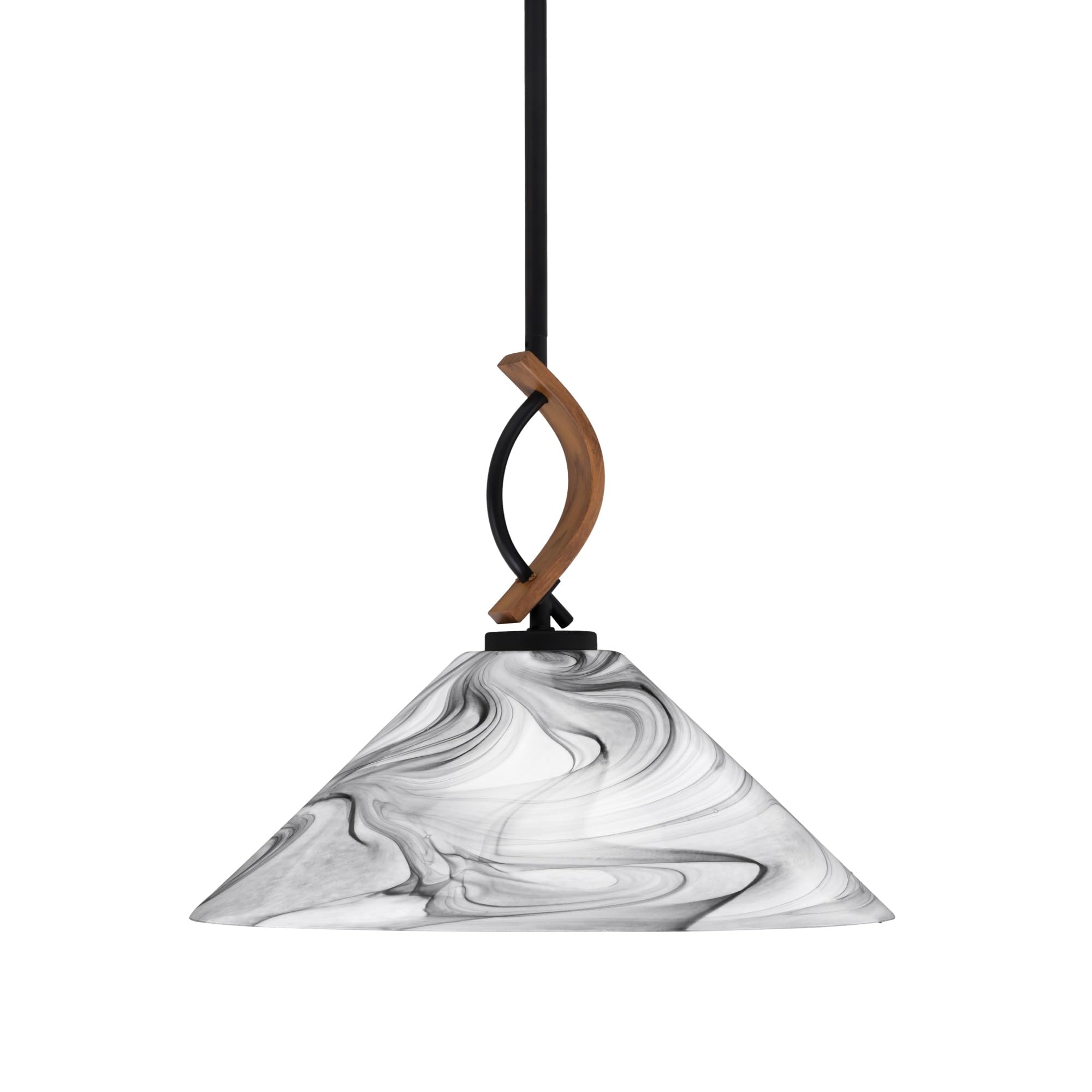 Toltec Lighting Monterey Stem Hung Mini Pendant, Matte Black & Wood-Look Finish, 16in Onyx Swirl Glass
