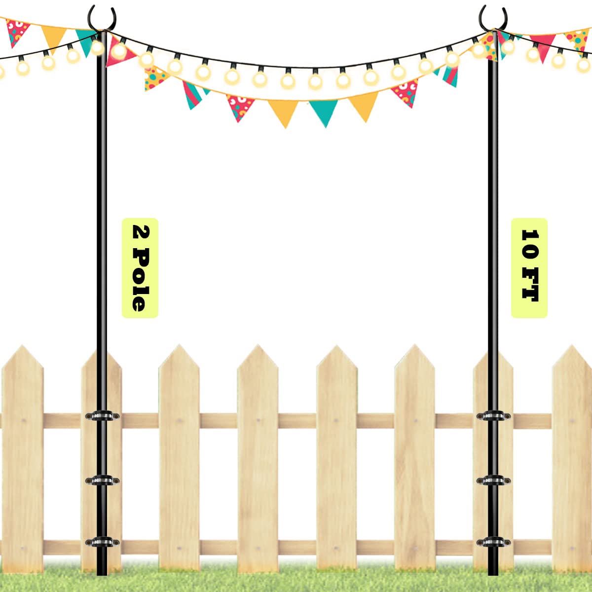 Sprimden 10Ft String Light Poles For Outdoors, Outside Light Poles For Deck, Fence, Backyard, Patio, Outdoor Lighting, Matte Black, 2 Packs