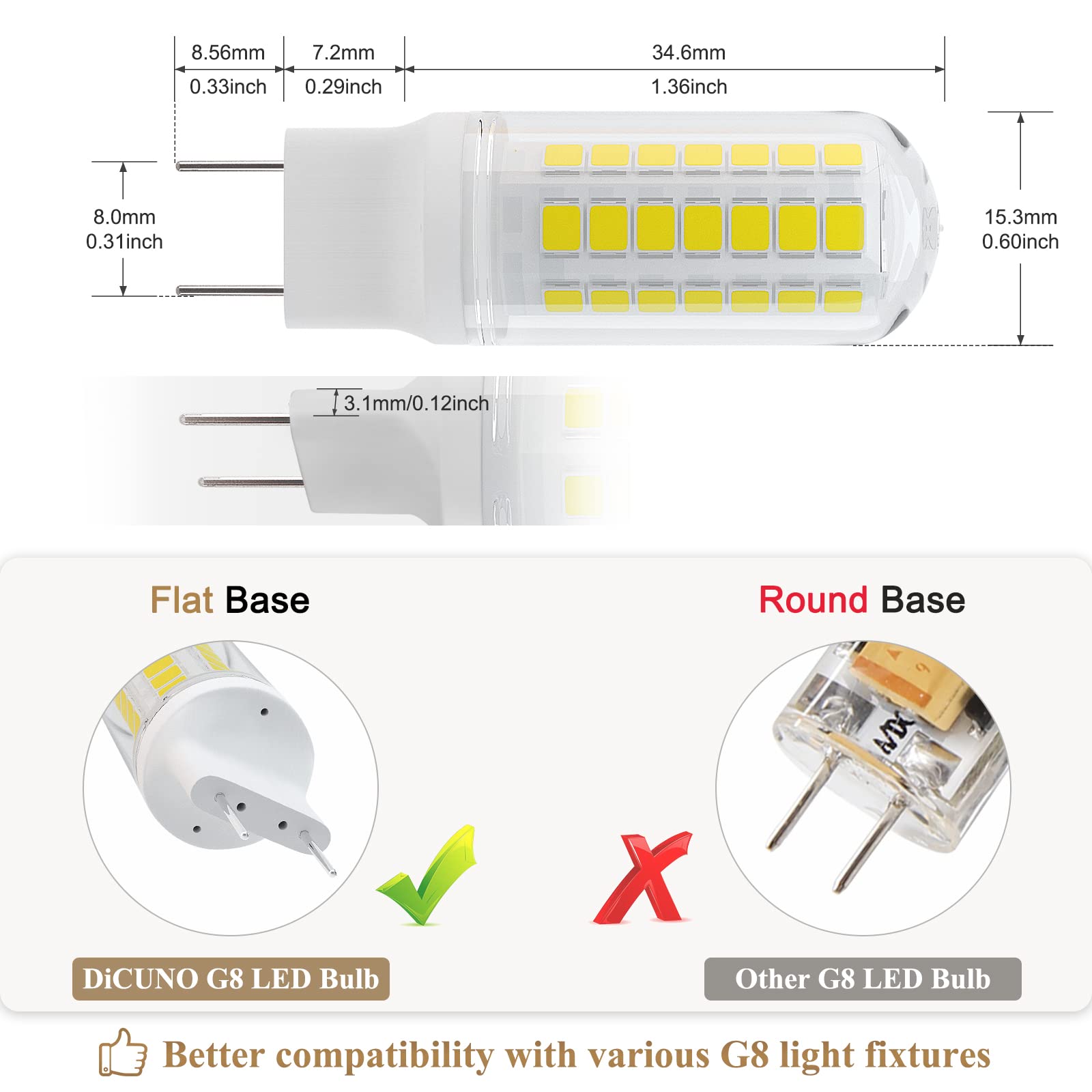 DiCUNO G8 LED Bulb 4W, 450LM, Daylight White 5000K, Non-dimmable, 6-Pack, Bi-Pin Replacement for Under-Counter
