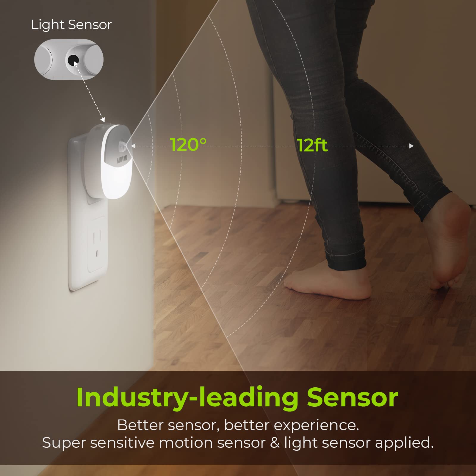 AUVON Plug-in Motion Sensor Night Light, Mini Cool White LED with Dusk to Dawn, 1-50 lm Adjustable Brightness, 4 Pack for Home Use