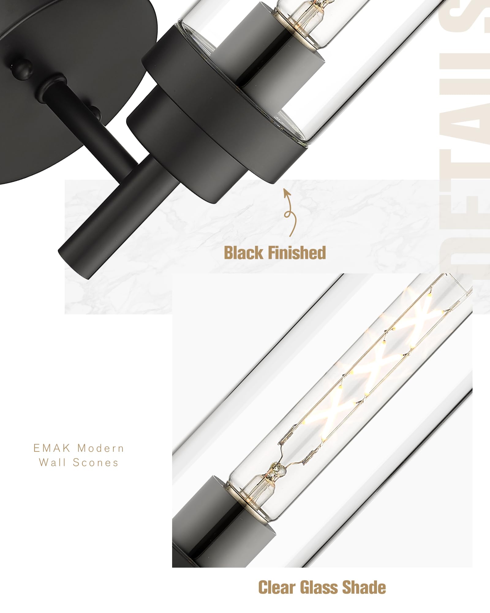 Emak Black Wall Sconces Set Of Two, Modern Vanity Lights With Clear Glass Shade, Wall Lights For Bathroom, Bedroom, Living Room,