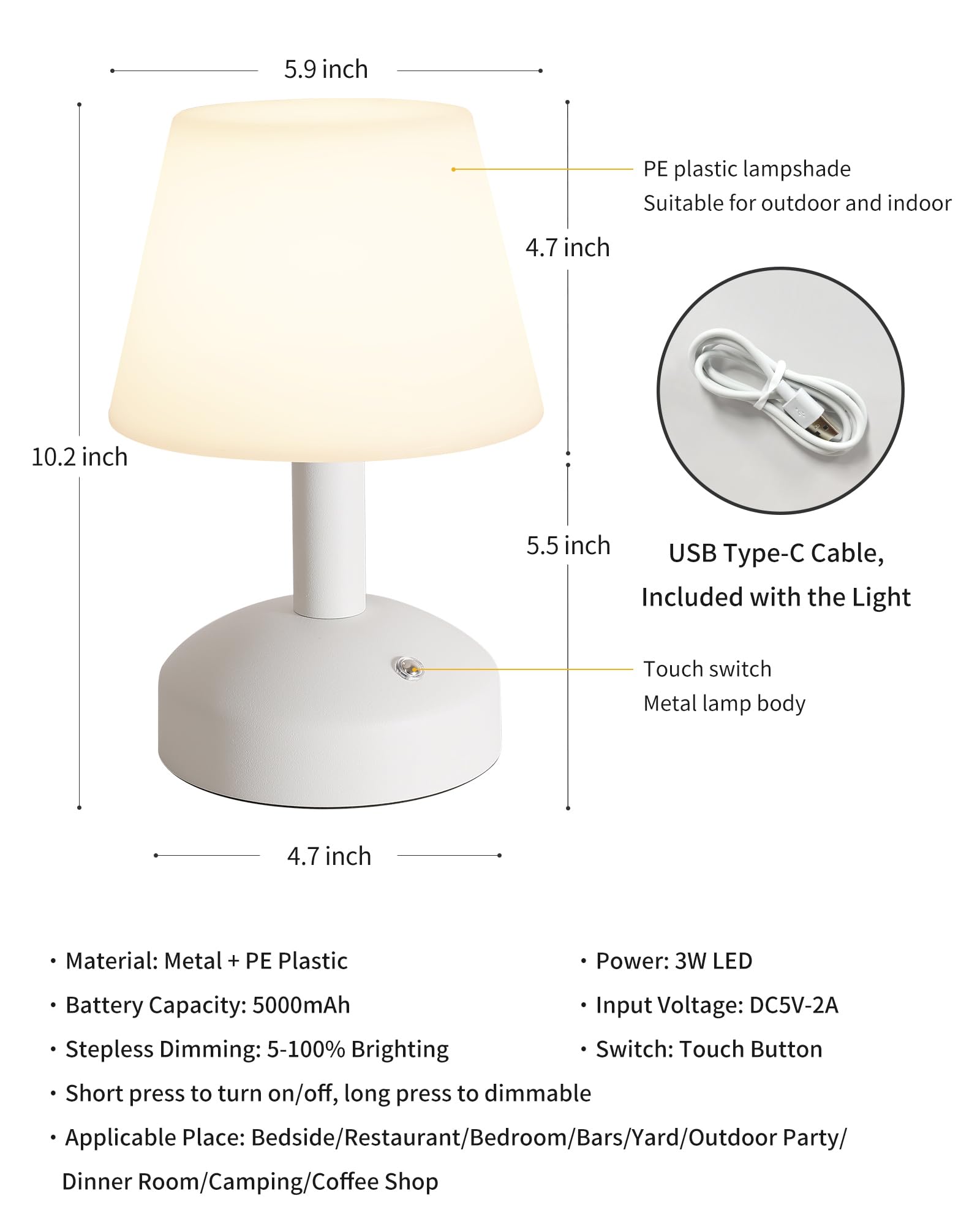 KDG Modern Cordless Small Table Lamps, Outdoor Portable Shower Waterproof LED Dimmable Desk Lamp, 5000mAh Rechargeable Battery O