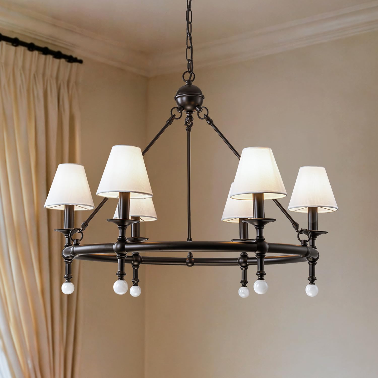 ALOADECOR 6-Light W34 Inch Matte Black Statement Chandelier with White Pleated Fabric Shades and Alabaster Finials Large Round D