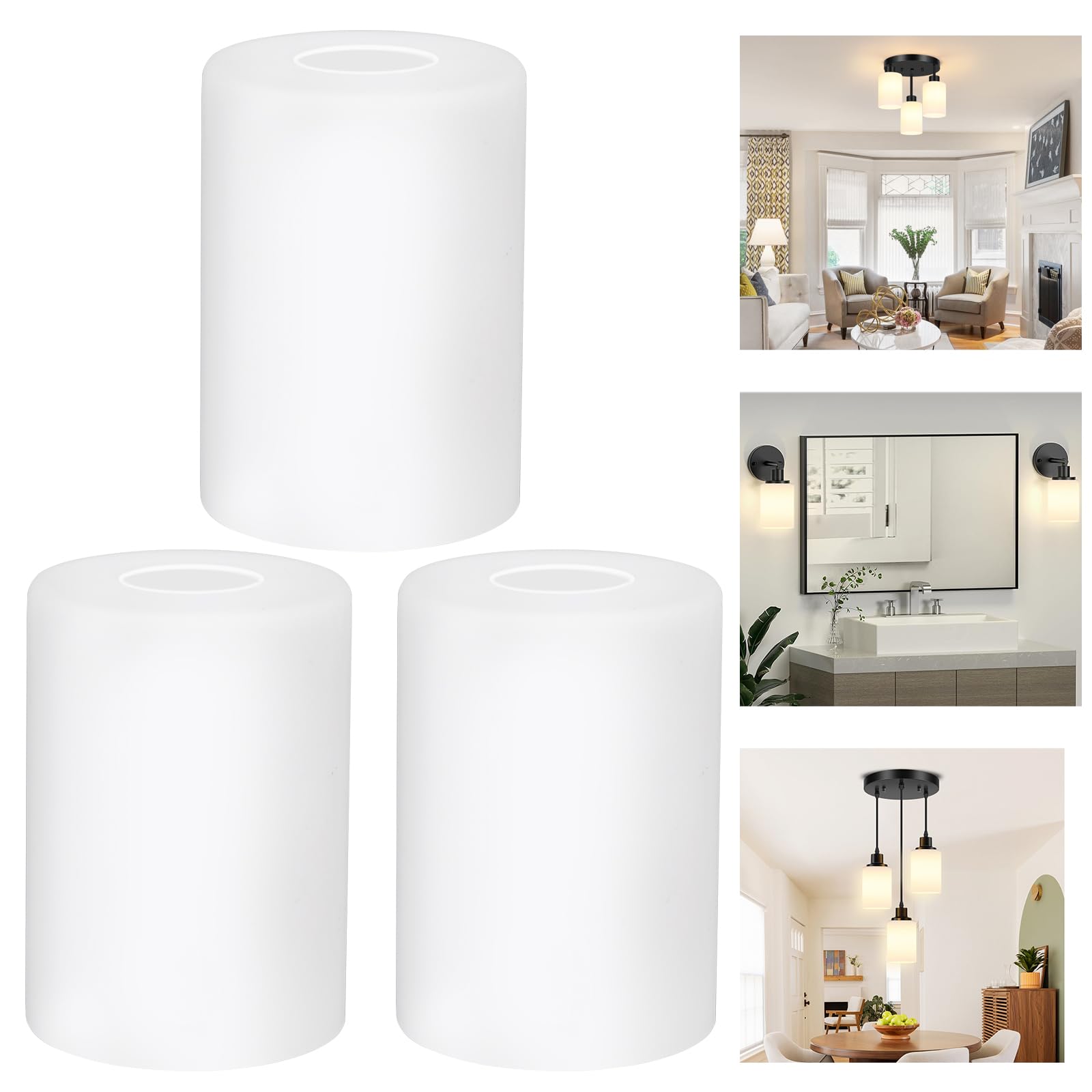 Asnxcju 3-Pack White Glass Shade Replacement, Cylinder Light Fixture Cover, 5.4in Height, 3.94in Diameter, 1.69in Fitter, White 