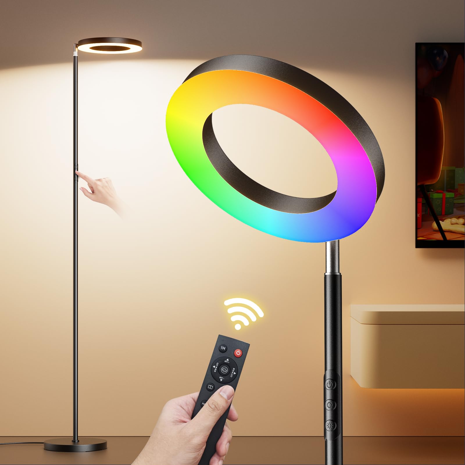 FULSUNT 32W RGB Floor Lamp, Bright LED Standing Lamp with Remote, Stepless Dimmable, Modern Color Changing Torchiere Tall Lamps 