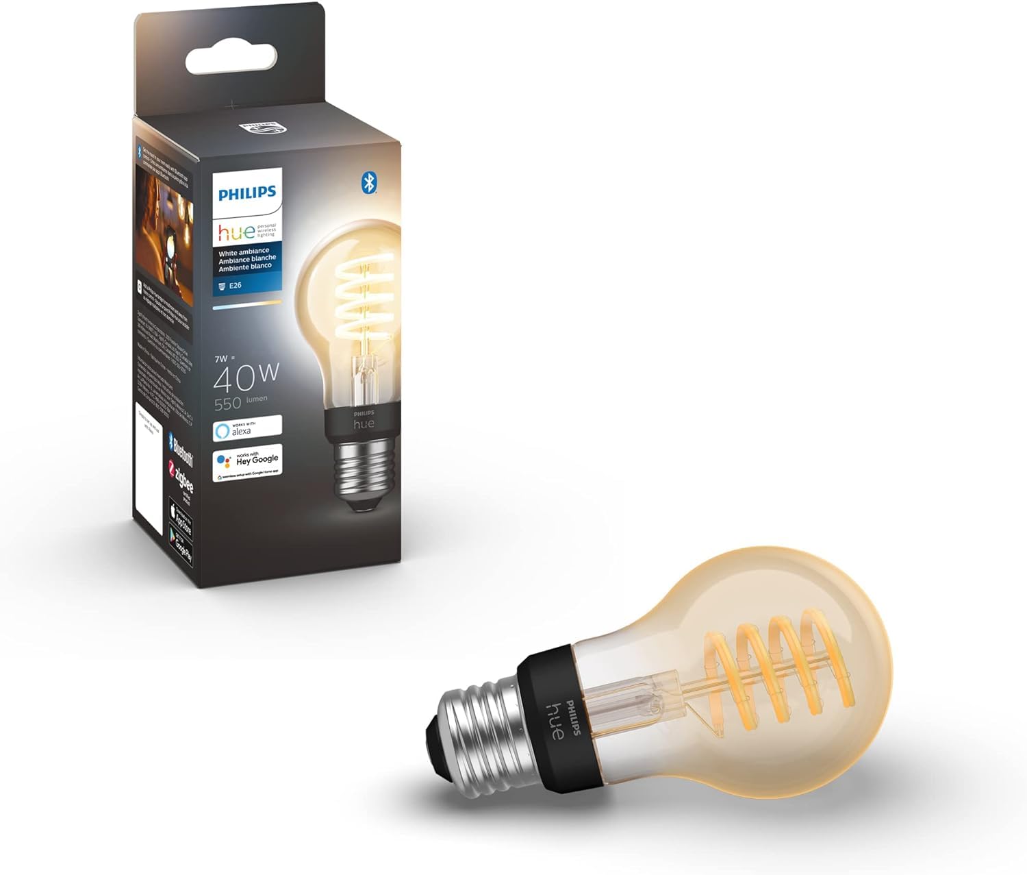 Philips Hue Smart 40W A19 Filament Led Bulb - White Ambiance Warm-To-Cool White Light - 1 Pack - 550Lm - E26 - Indoor - Control 
