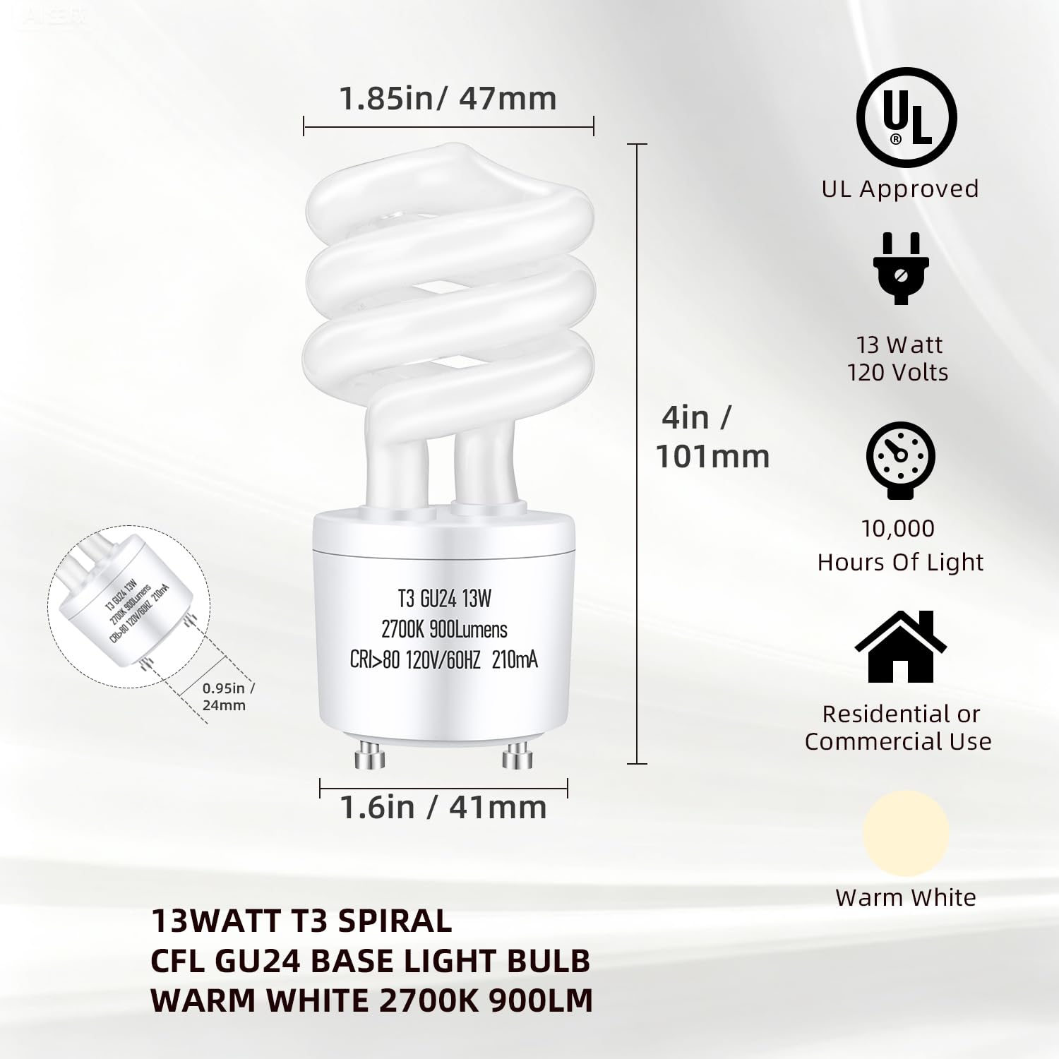 UGOODIS CFL Light Bulbs, 13Watt, Soft White, 900lm, 2 Prong GU24 Base, Pack of 6, UL Approved, Indoor Use