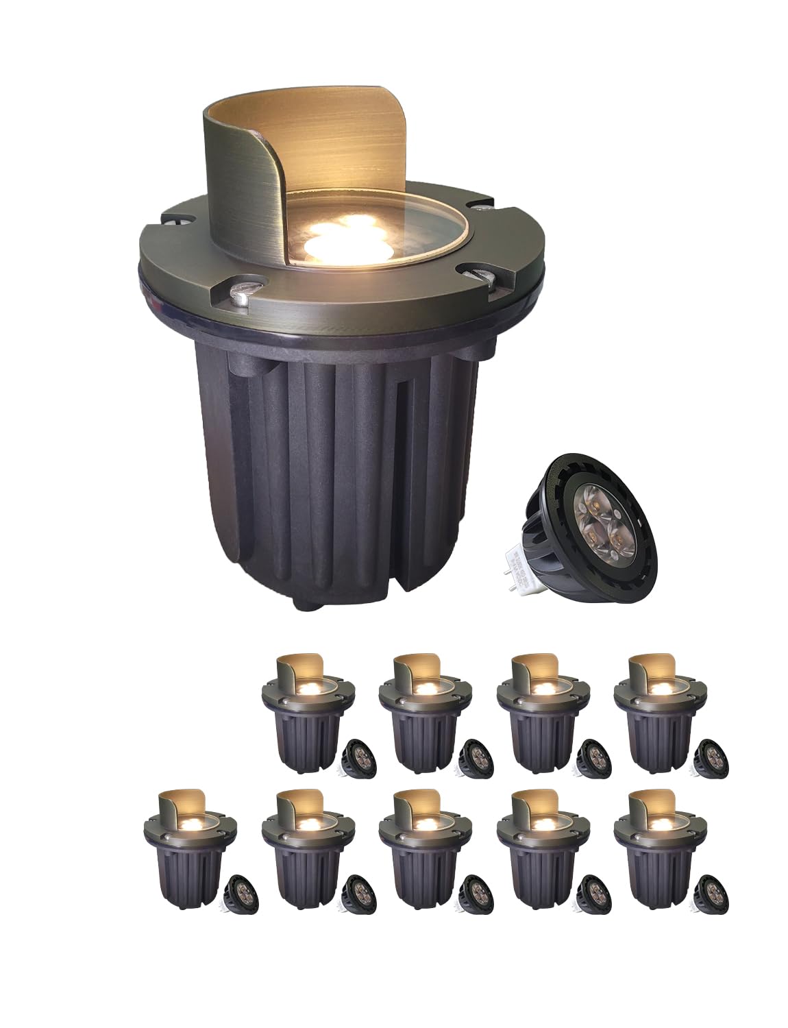 MALORY Brass Top Cover Landscape Well Lights (6H 12V Low Voltage Outdoor In Ground Lights  Anti-Glare Landscape Lighting with 5W 450LM MR16 for Pathway  Driveway (Shield Top  10-Pack with Bulb)