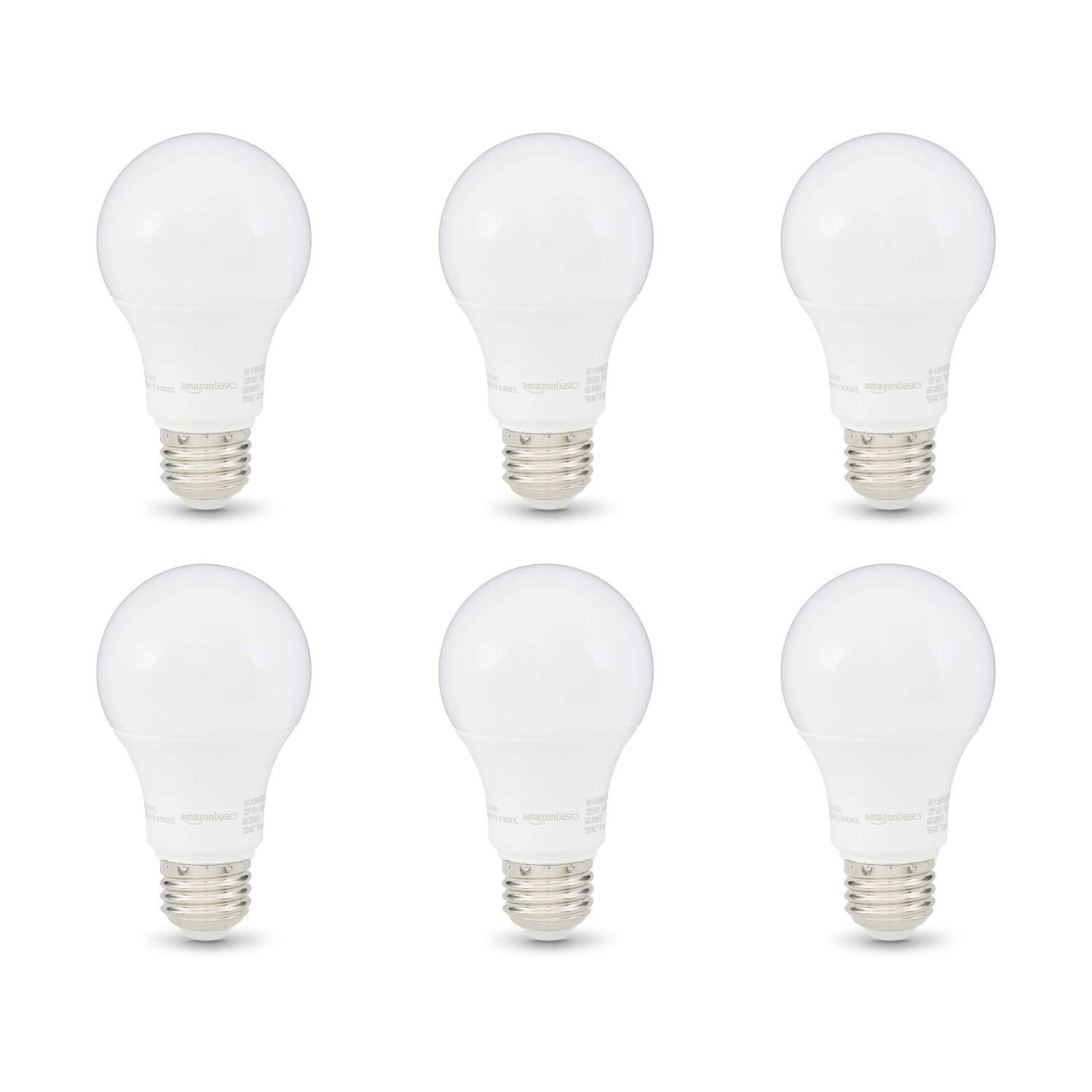 large online retailer Basics A19 LED Light Bulbs, 60W Equivalent, Dimmable, Soft White 2700K, 6 Count, E26 Base