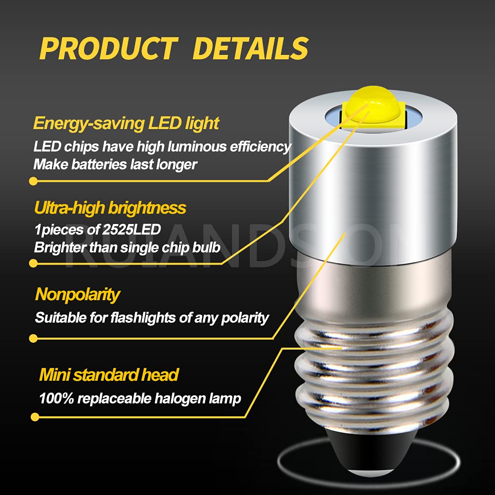 Ruiandsion E10 Base Led Flashlight Bulb 6-24V 6V 9V 12V 18V 19.2V 24V Upgrade For Flashlights Torch Bike Work Lights,Non-Polarit