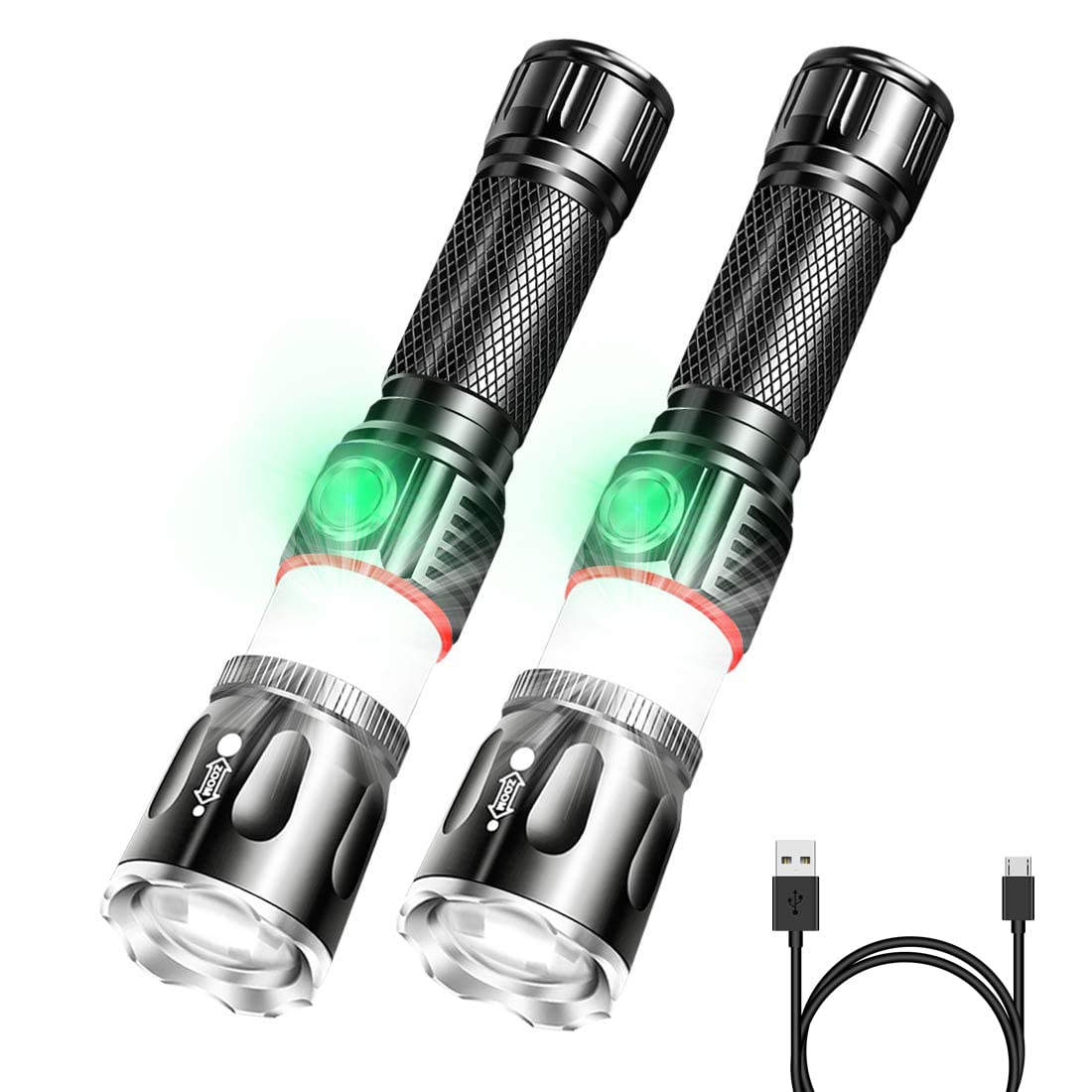 Vnina Tactical Flashlight 2 Pack, Rechargeable, Super Bright, Zoomable, Water-Resistant, 4 Modes