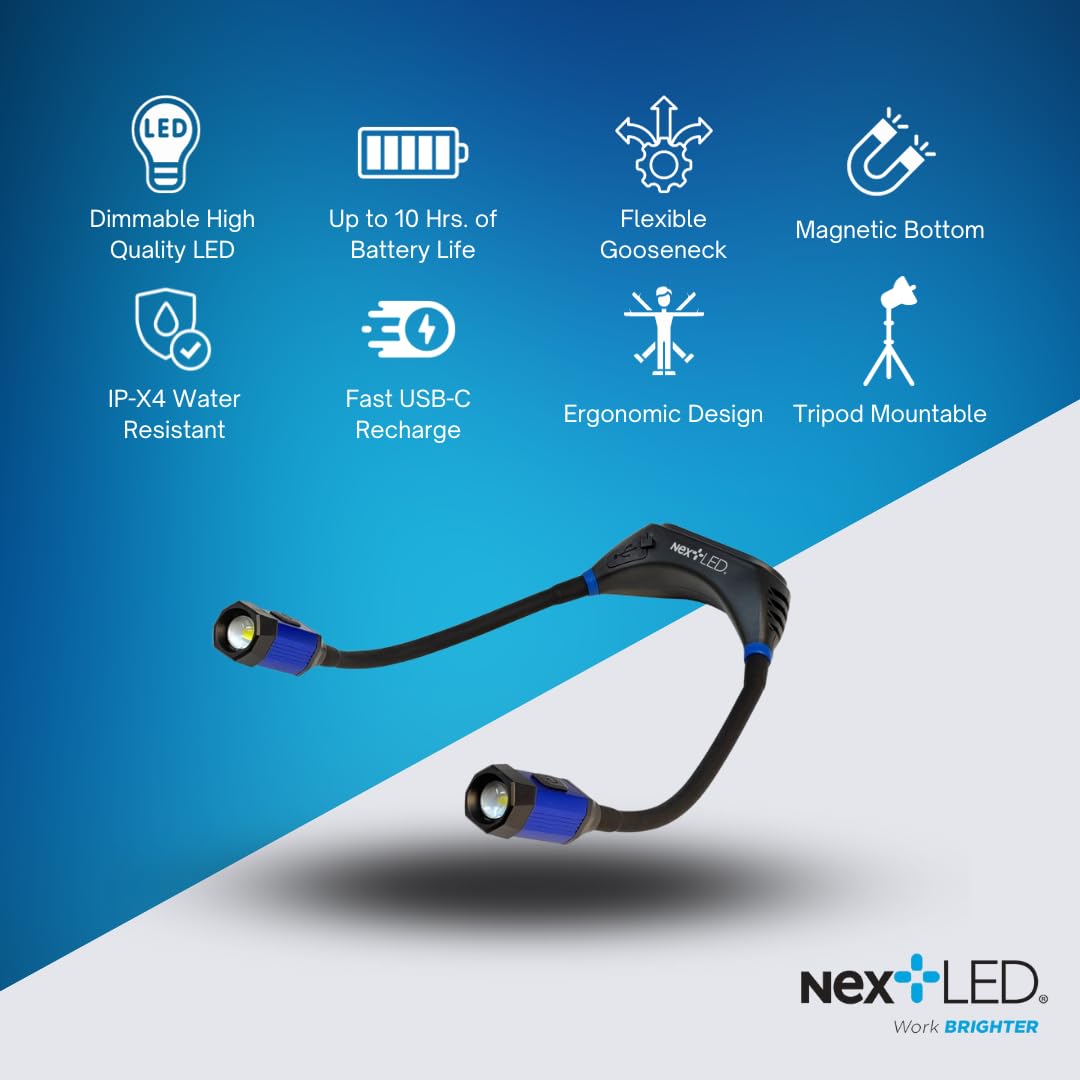 Nextled Nt-6633 Heavy Duty Rechargeable Neck Light With Magnetic Base, Ipx4, 2000Mah Battery, Led Mechanic Neck Light Hands Free