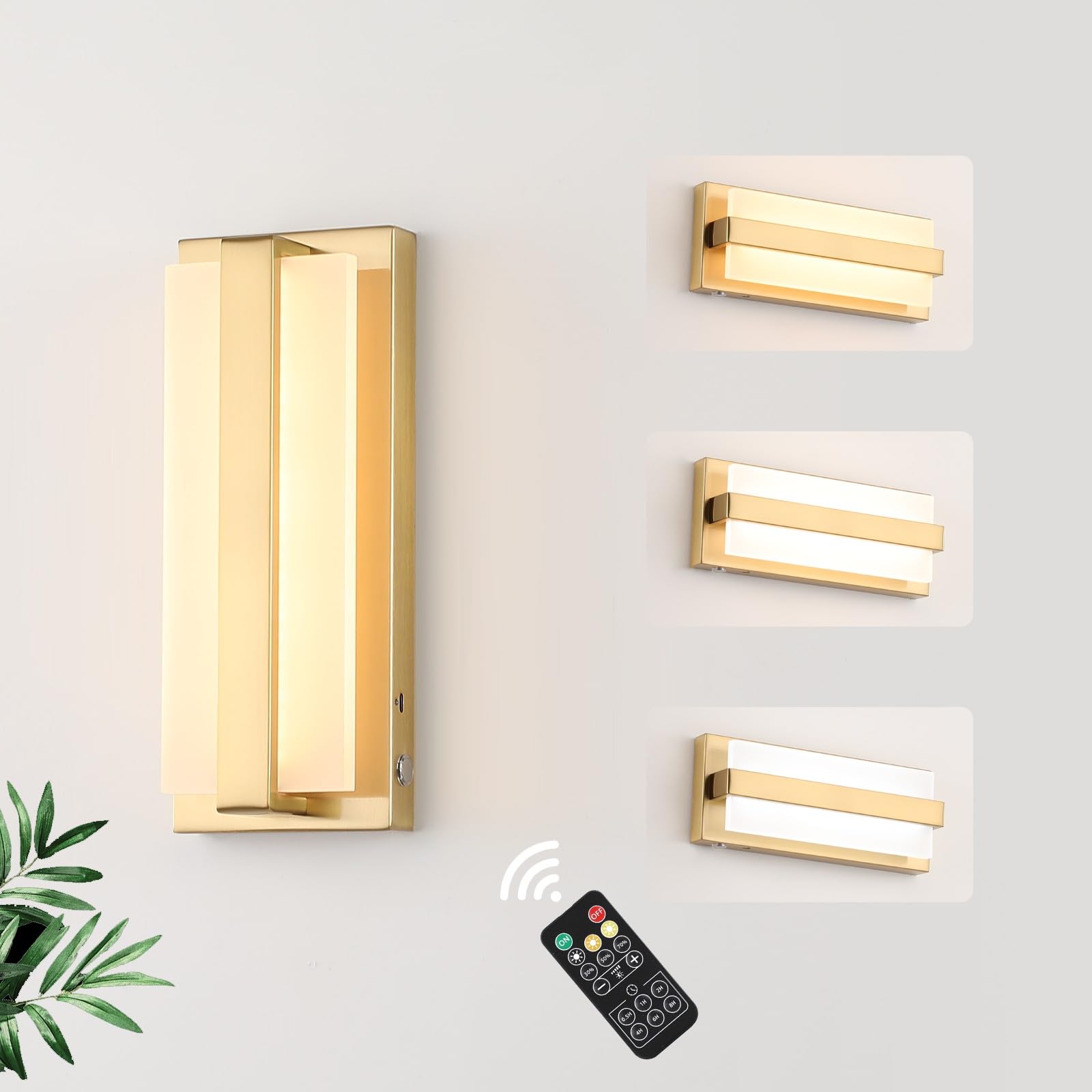 Aoceley USB-C Rechargeable LED Wall Sconce with Remote, Dimmable Touch Light, Gold, Model 8009, Indoor Use