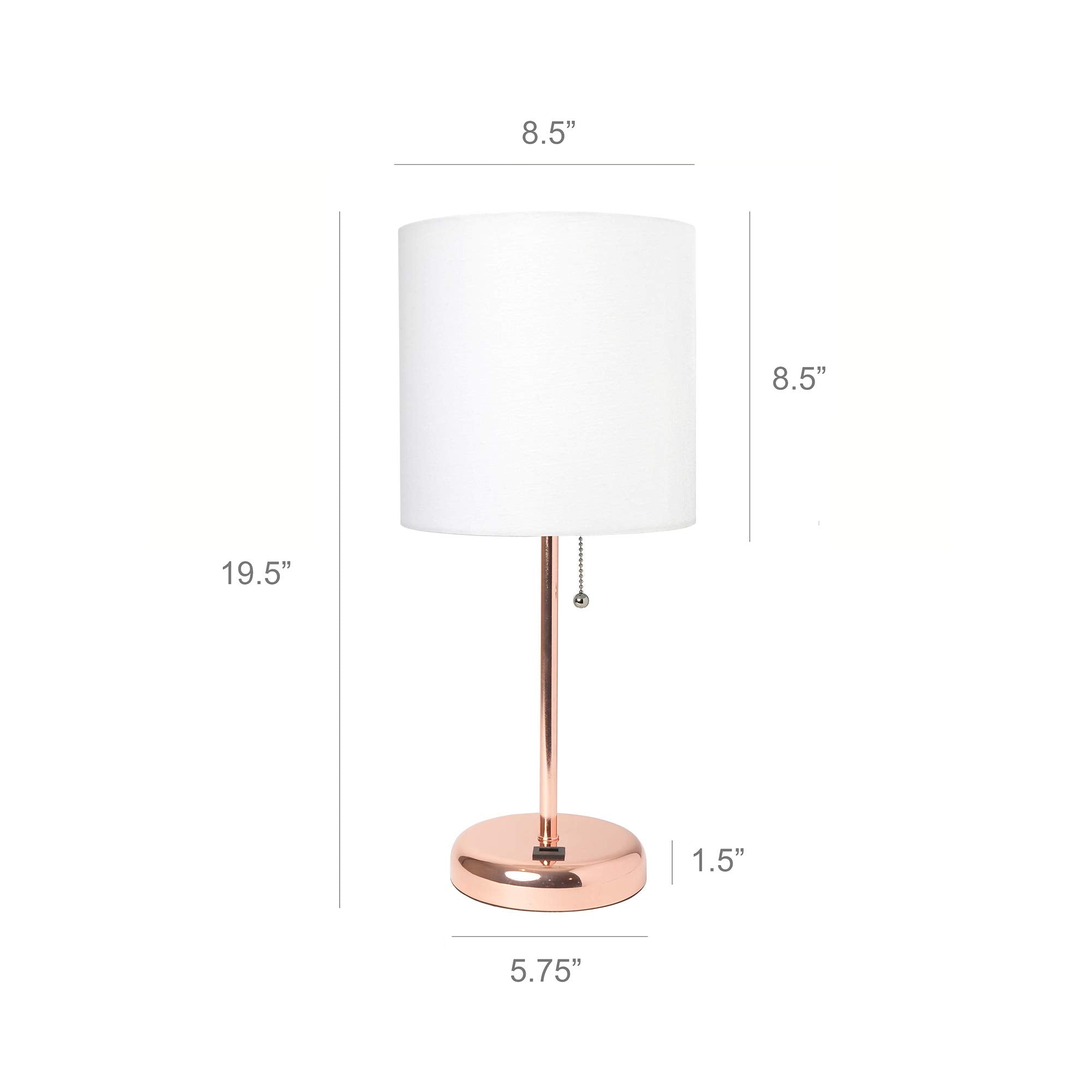 Simple Designs Lc2002-Rgd-2Pk Rose Gold Stick Table Lamp Set With Usb Charging Port And White Fabric Shades, 2 Pack Set
