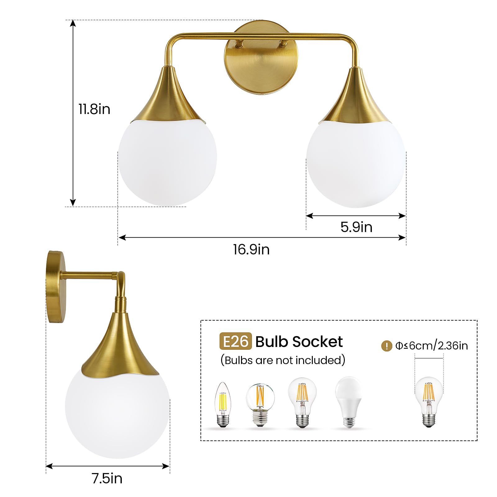 HAHZT 2-Light Bathroom Vanity Light Fixture - Brushed Gold Metal Sconce with Frosted Glass - Model 8089ML