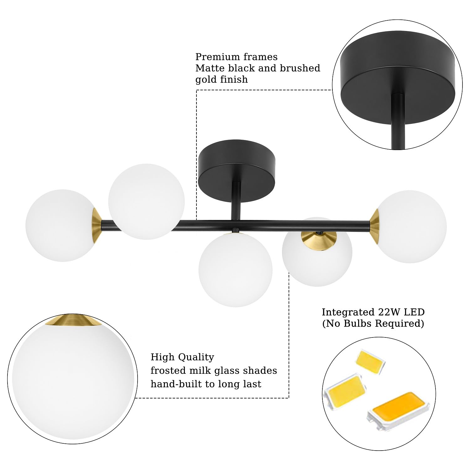 artmoonlight 5-Light Bathroom Vanity Light Fixtures, Dimmable LED, Black and Gold, Metal & Frosted Glass, Model 012HS3000WARM